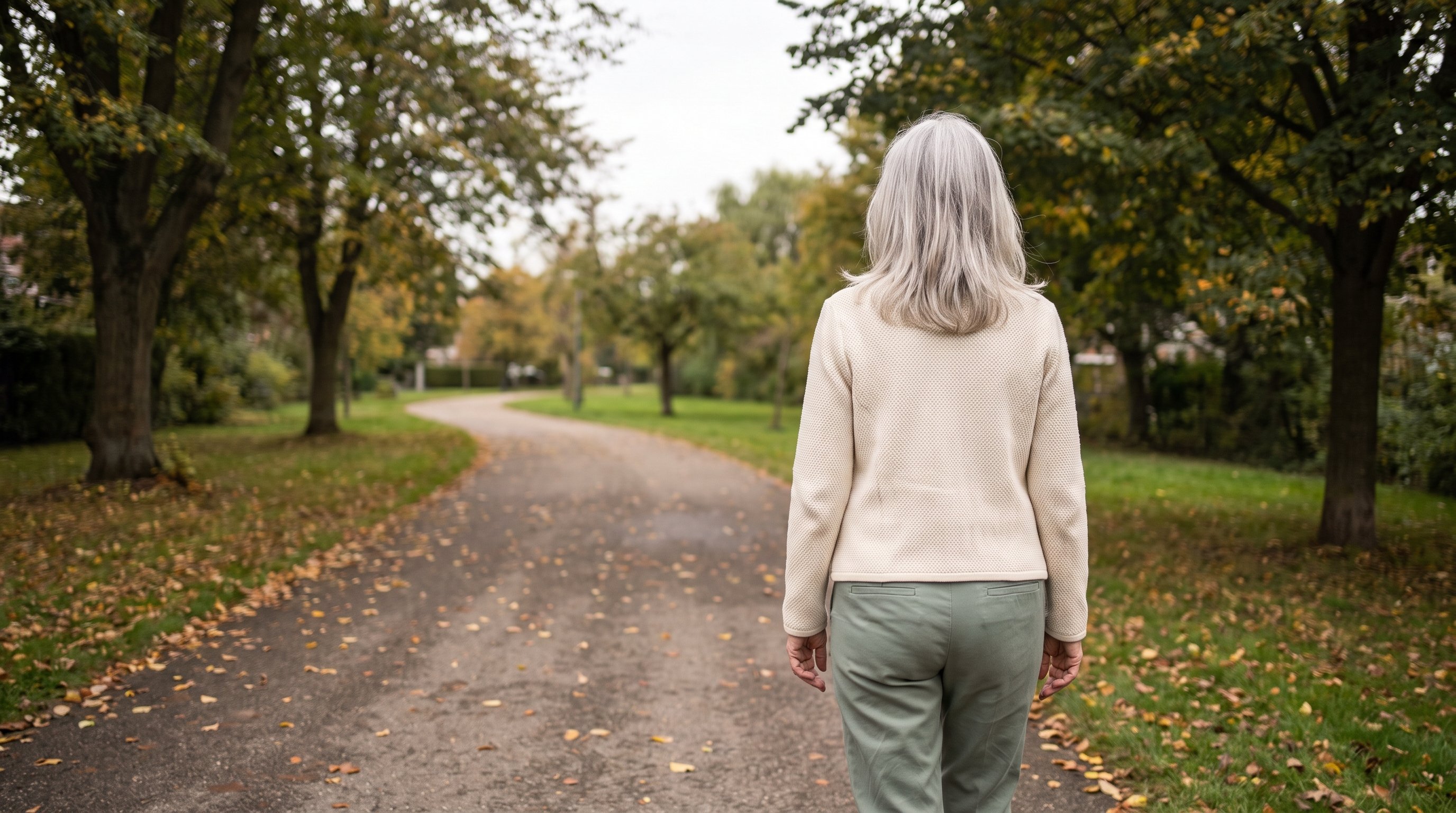 Older adult doing a slow walk along a quiet neighbourhood path
