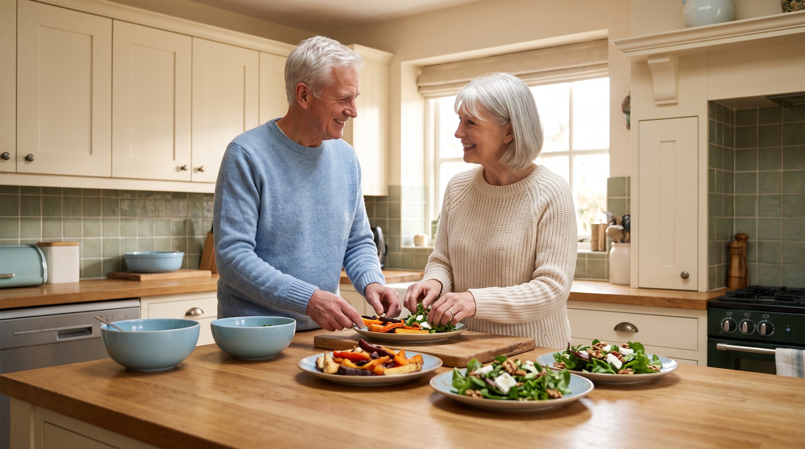 older couple preparing a simple dinner together in a home kitchen