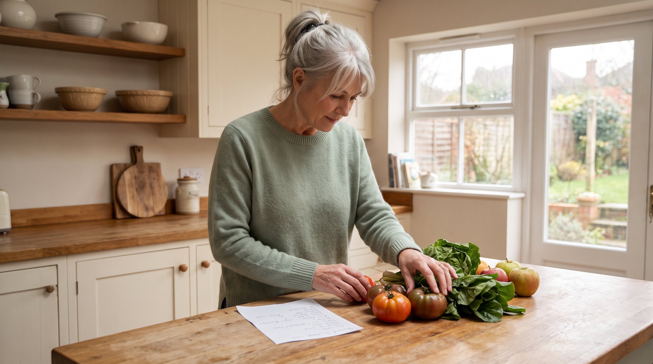 older woman chopping vegetables at a kitchen counter with a shopping list nearby
