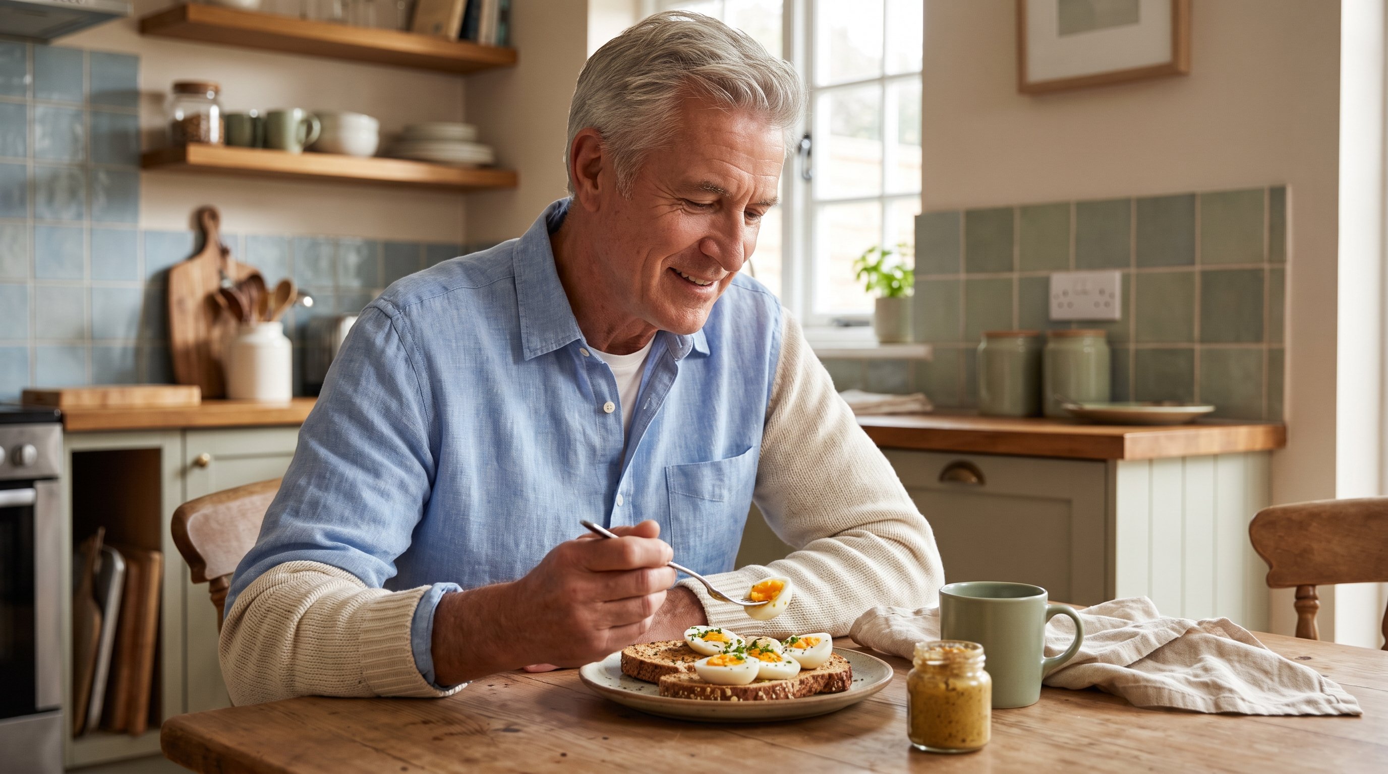 older man slicing boiled eggs onto wholegrain toast