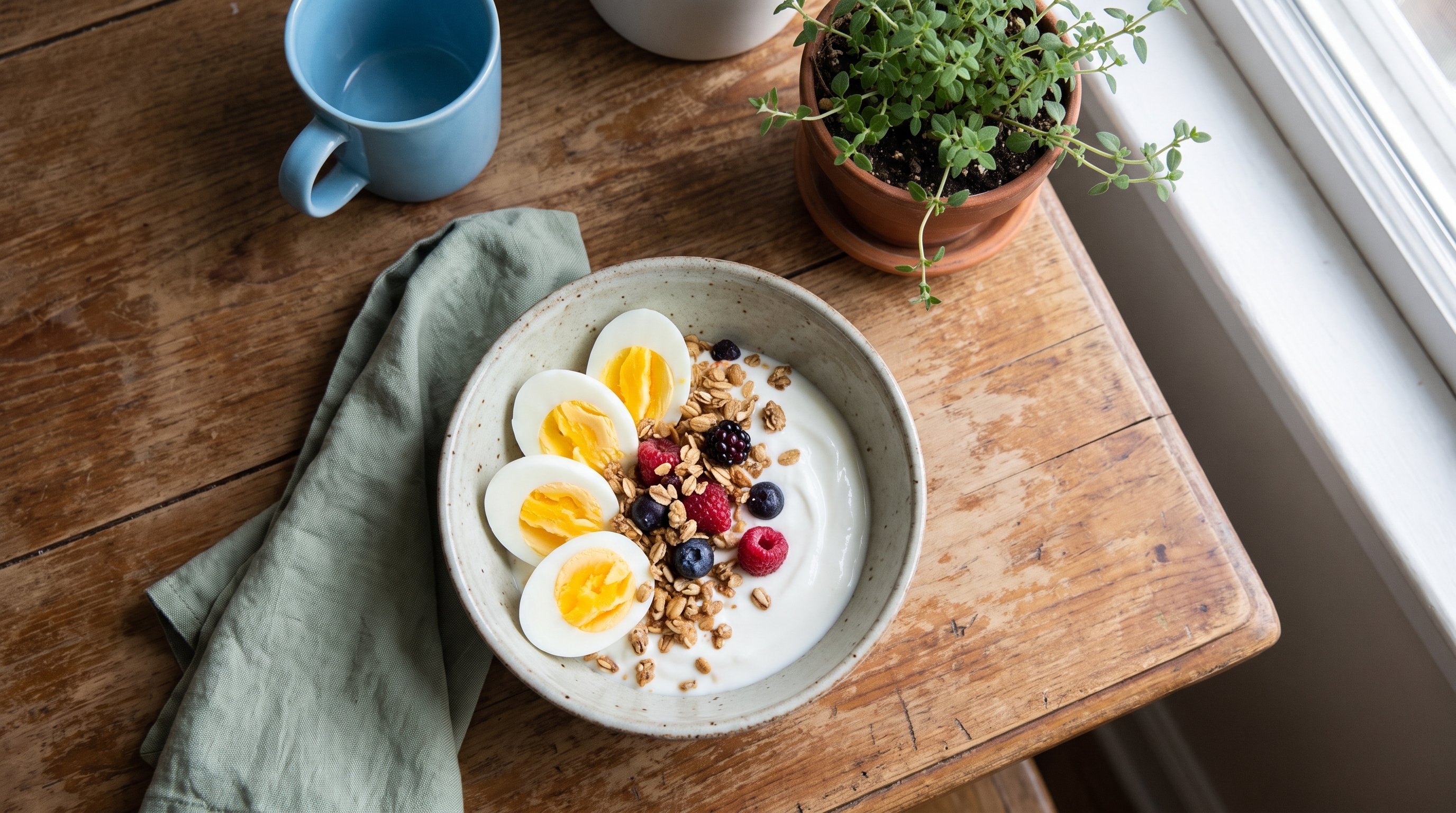 bowl of eggs and yoghurt on a kitchen table