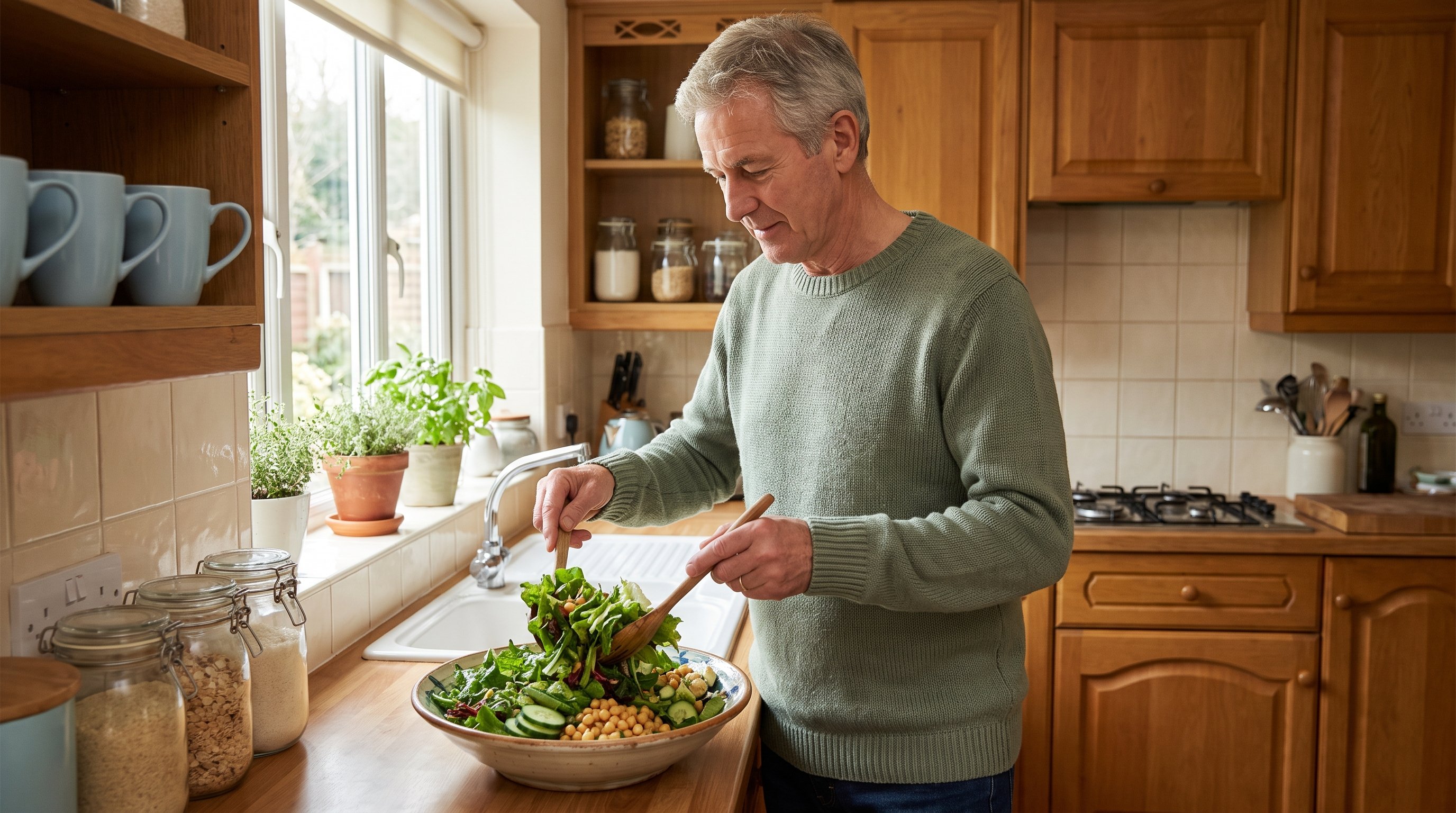 older man adding a tin of chickpeas to a bowl of salad