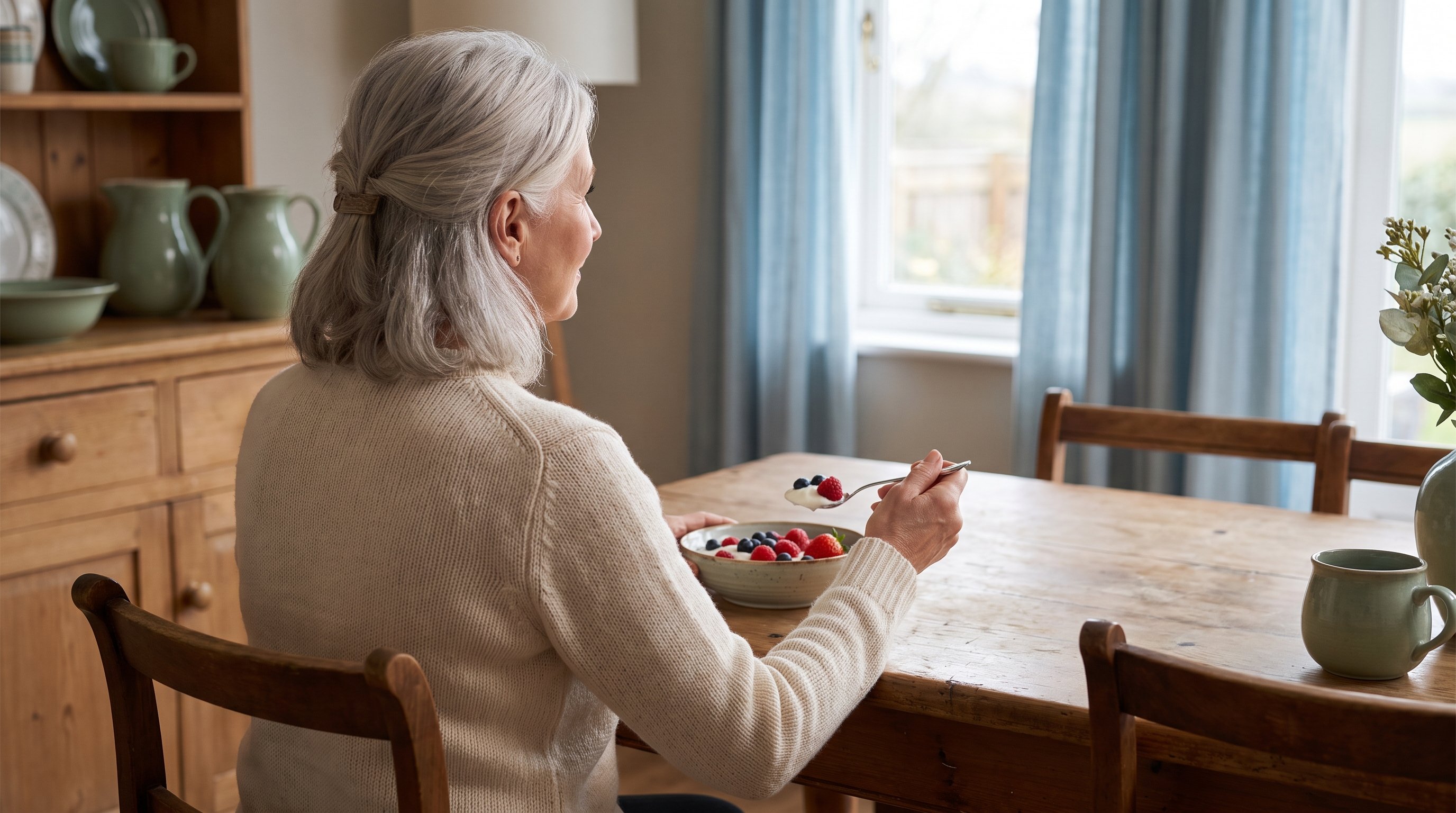 woman preparing a yoghurt and berry bowl in a sunny kitchen