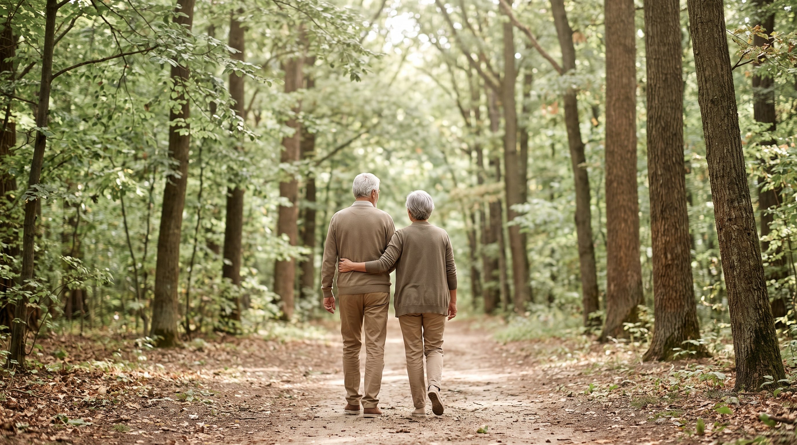 older couple walking together along a tree-lined path