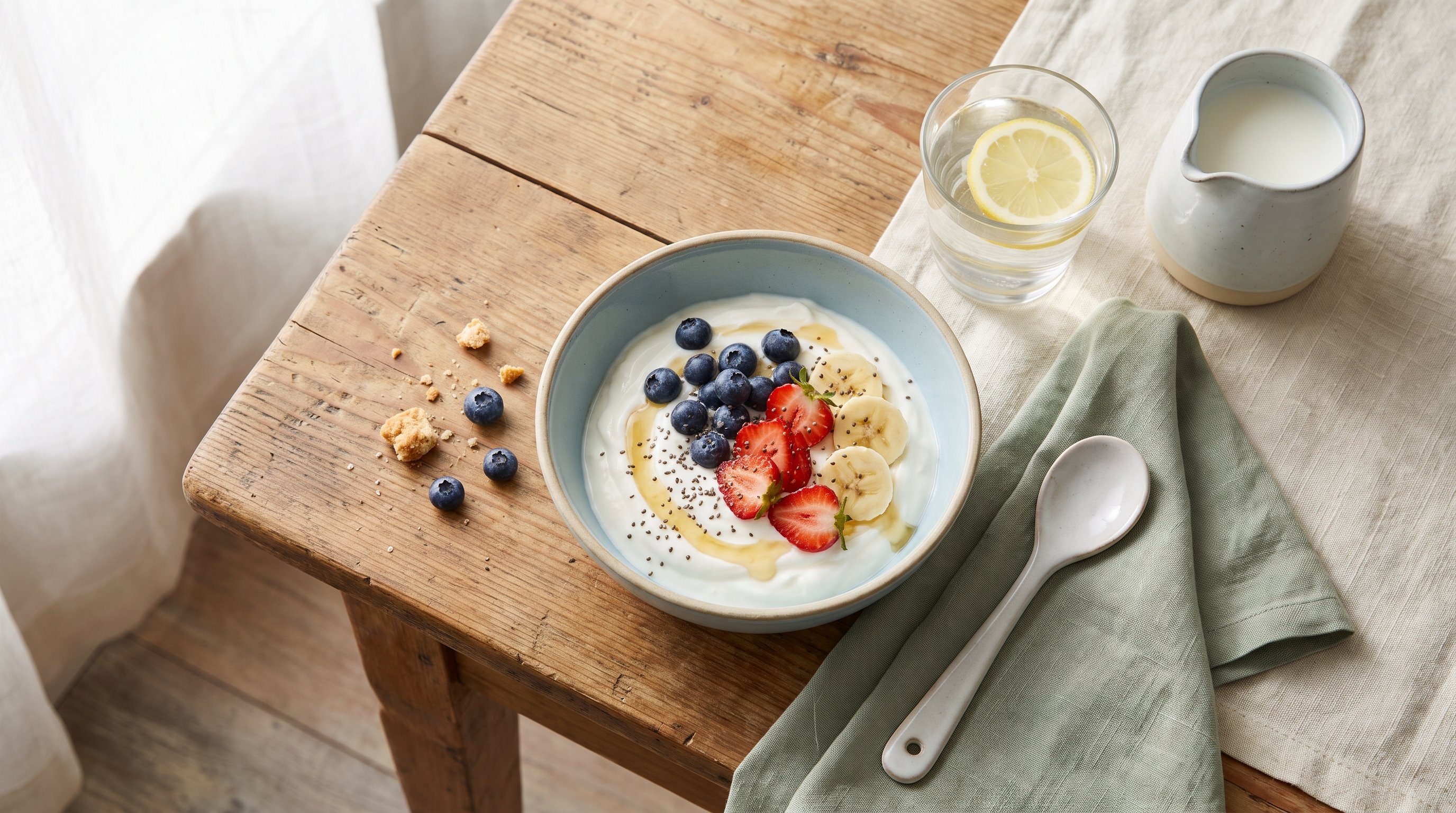A fruit and yogurt breakfast on a calm dining table beside a glass of water