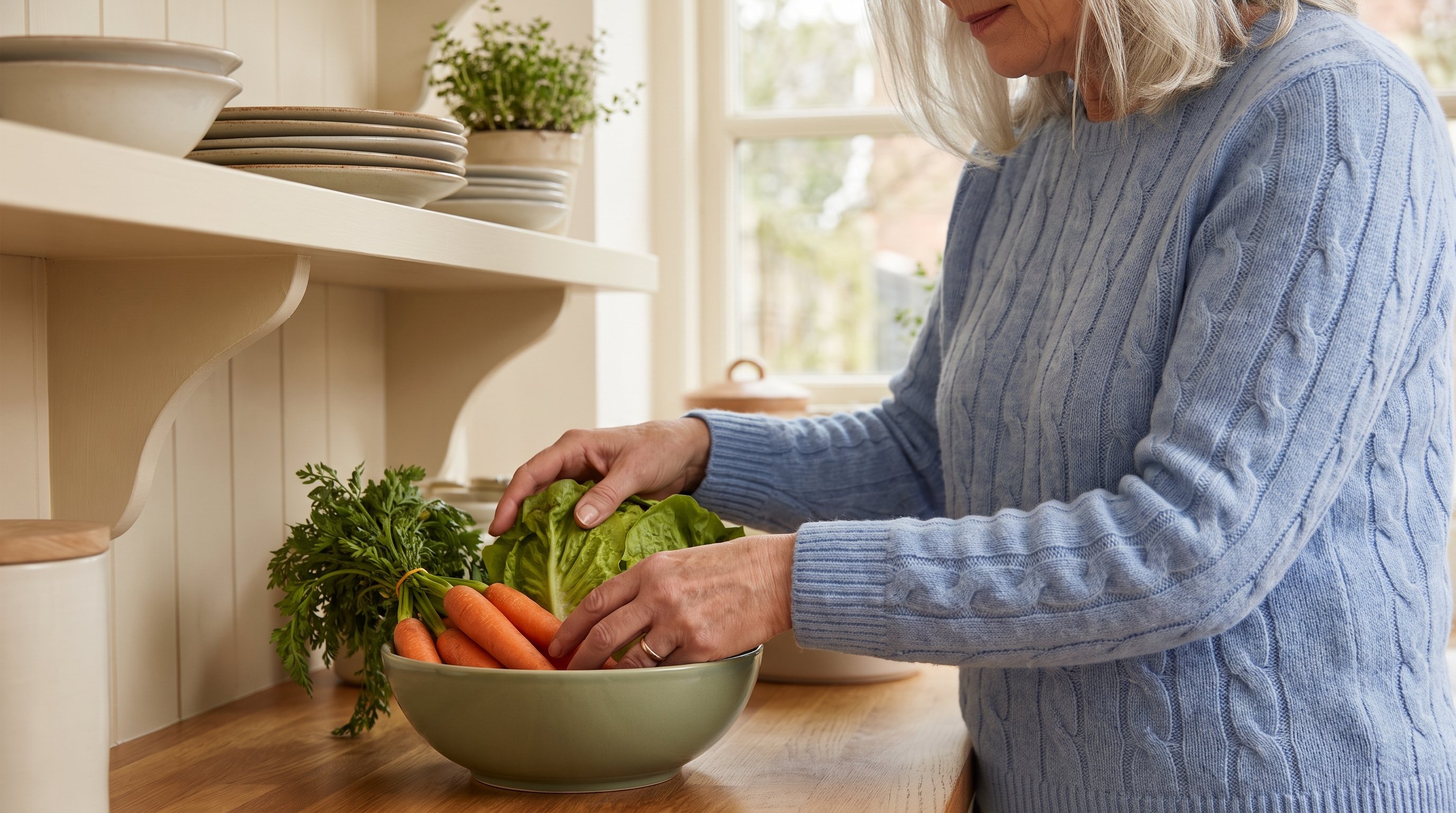 A woman in her 60s with silver hair putting groceries away in a cozy home kitchen