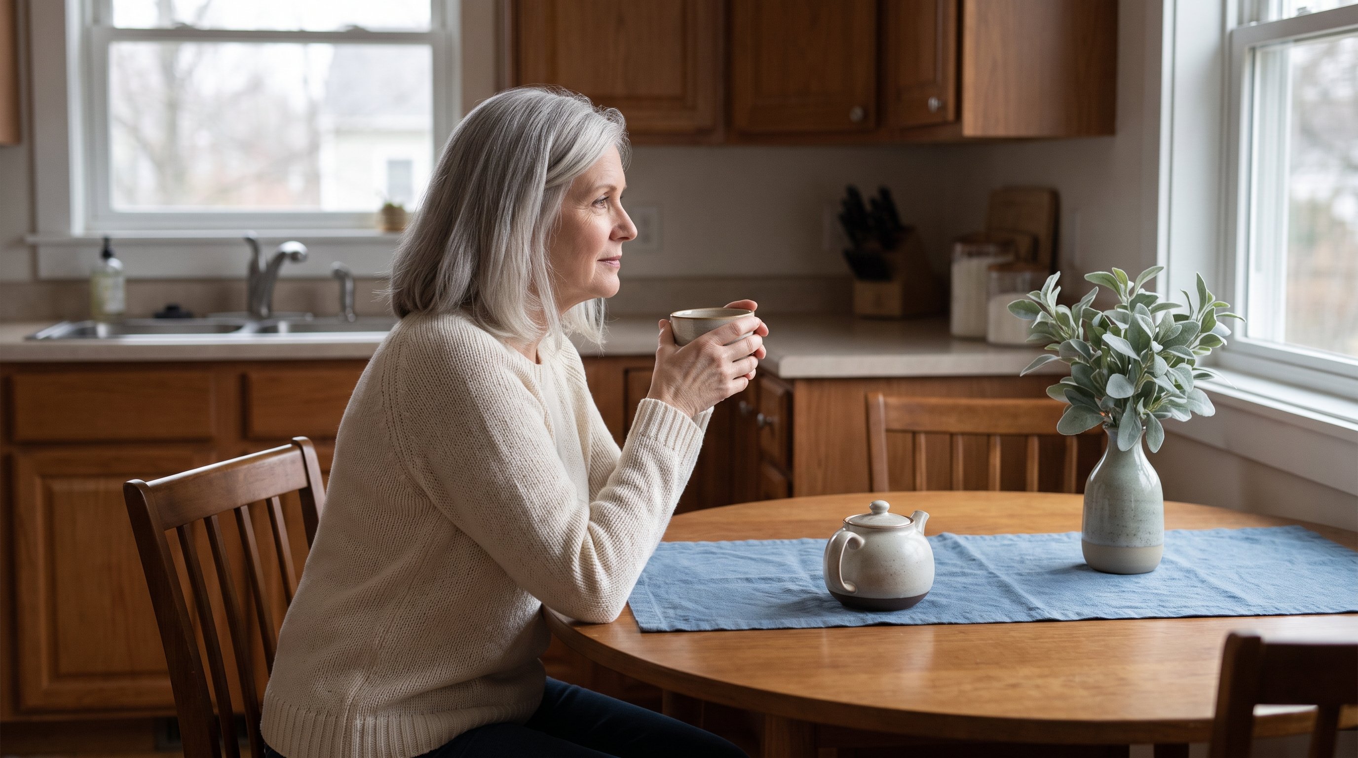 A woman in her 60s with silver hair sitting calmly at a calm dining table with a cup of tea