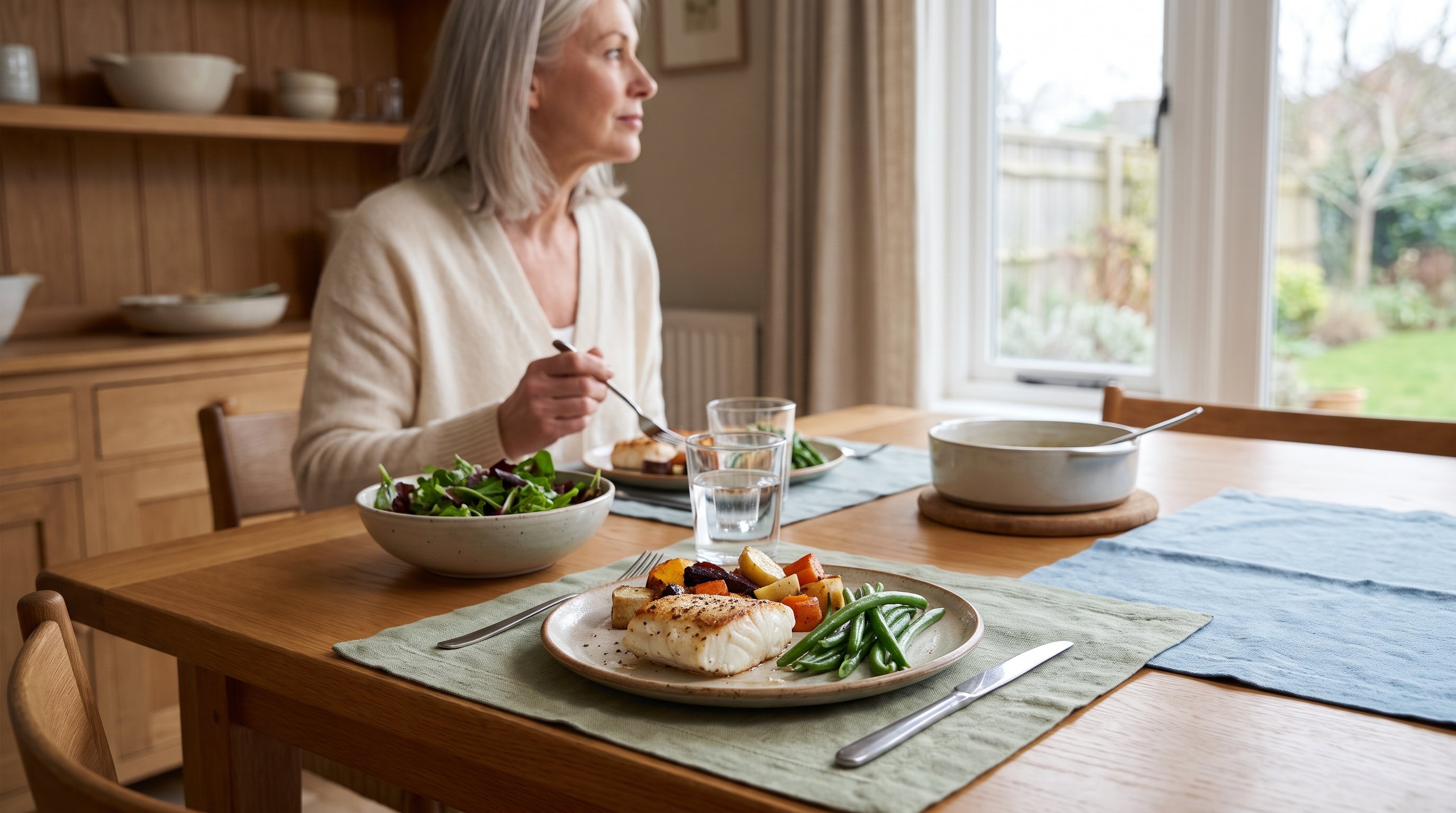 A balanced plate of fish and vegetables ready to eat on a calm dining table