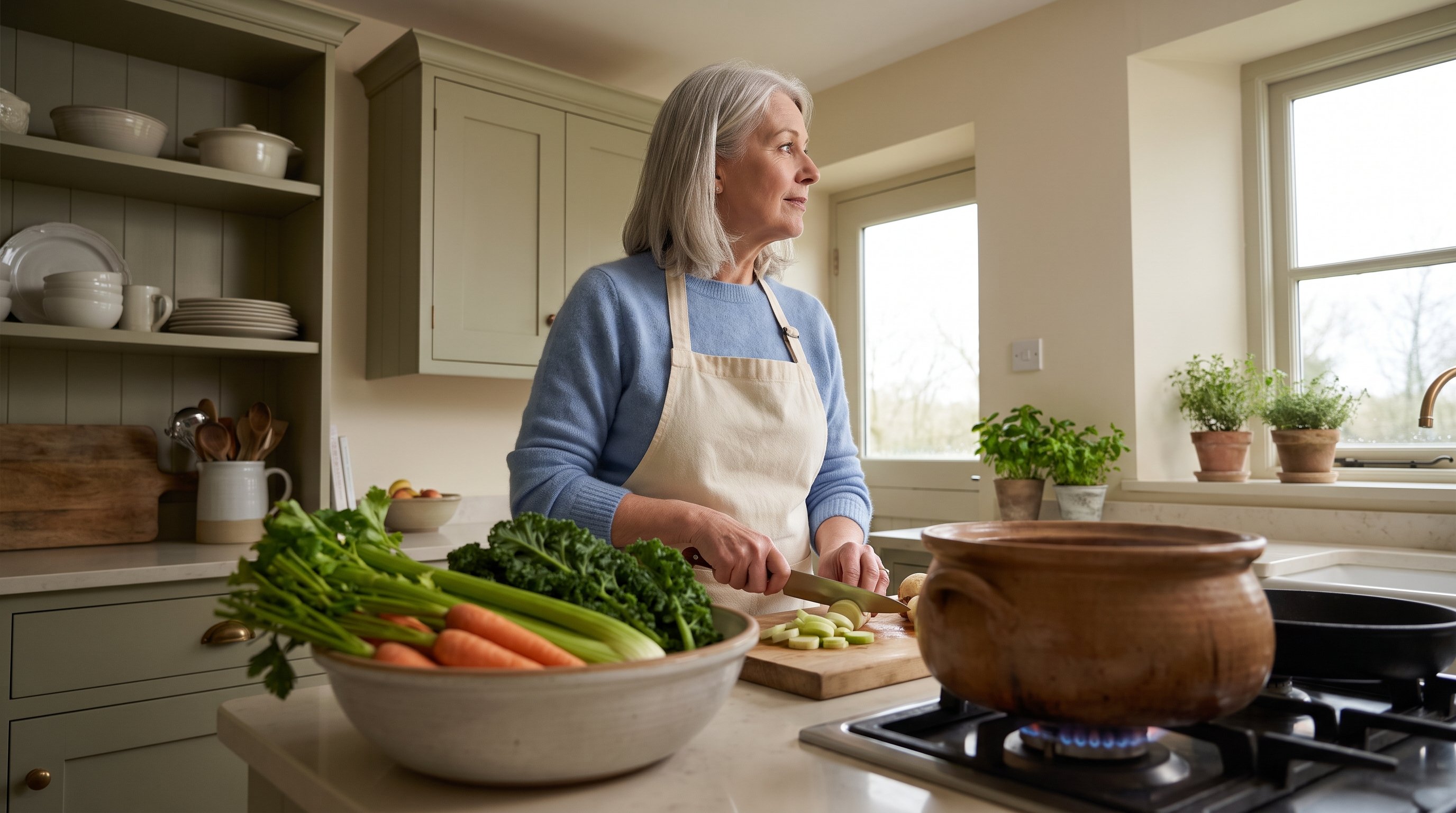 A woman in her 60s with silver hair preparing a fresh vegetable soup in a cozy home kitchen