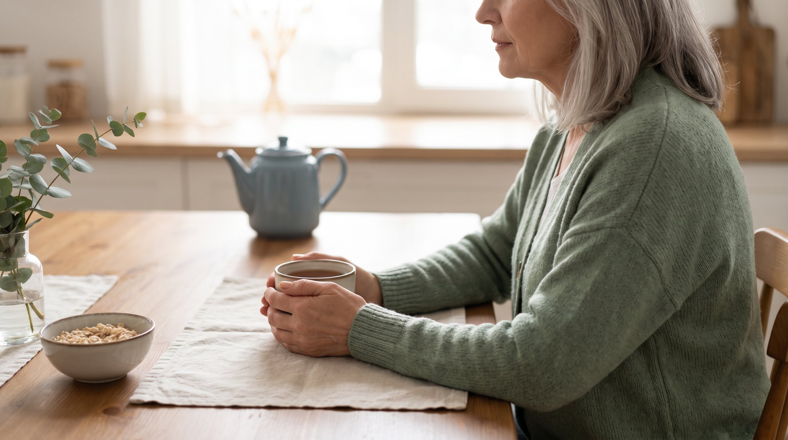 A woman in her 60s with silver hair sitting at a calm dining table with a cup of tea