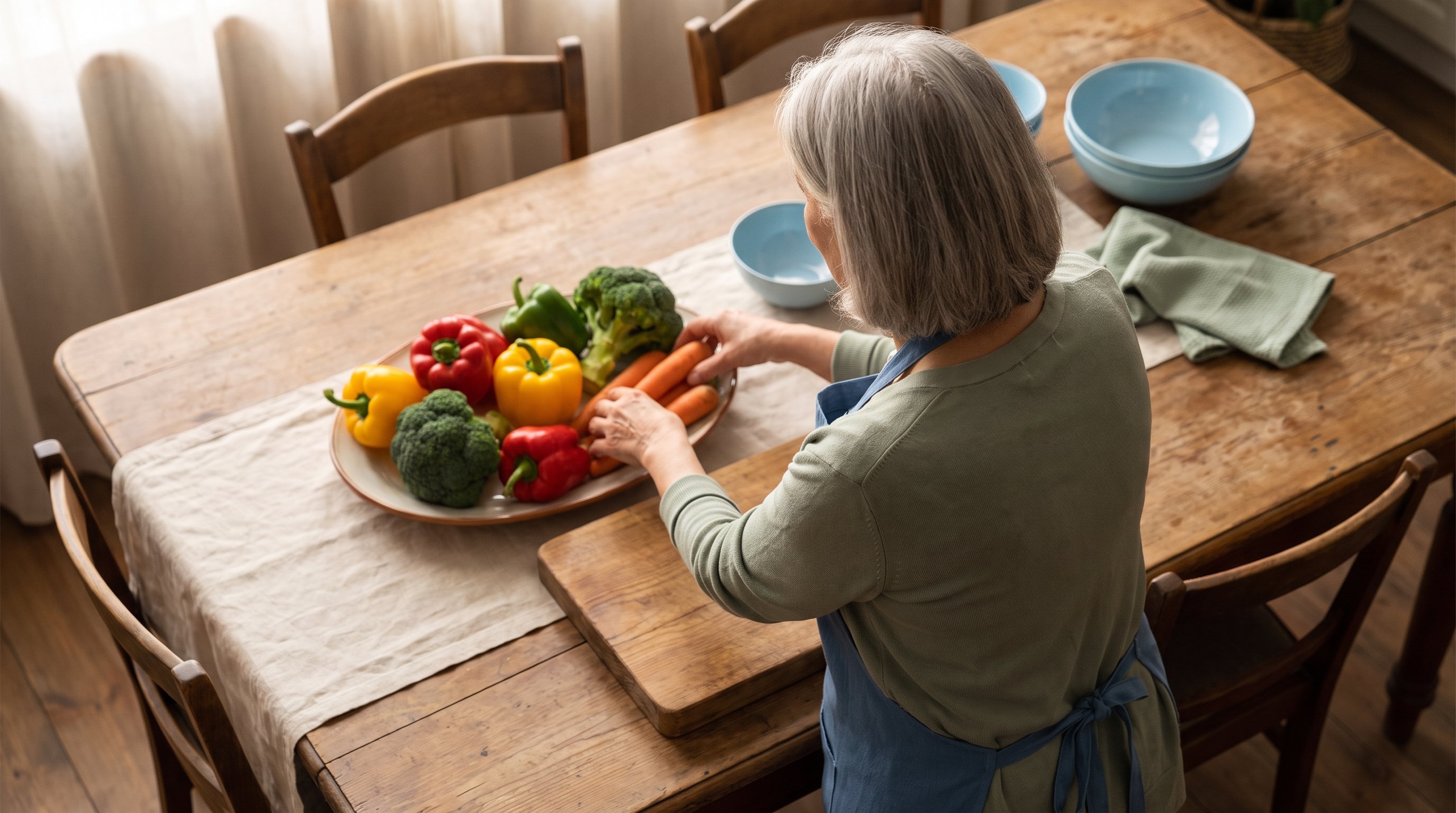 Older adult chopping vegetables on a wooden board in a home kitchen
