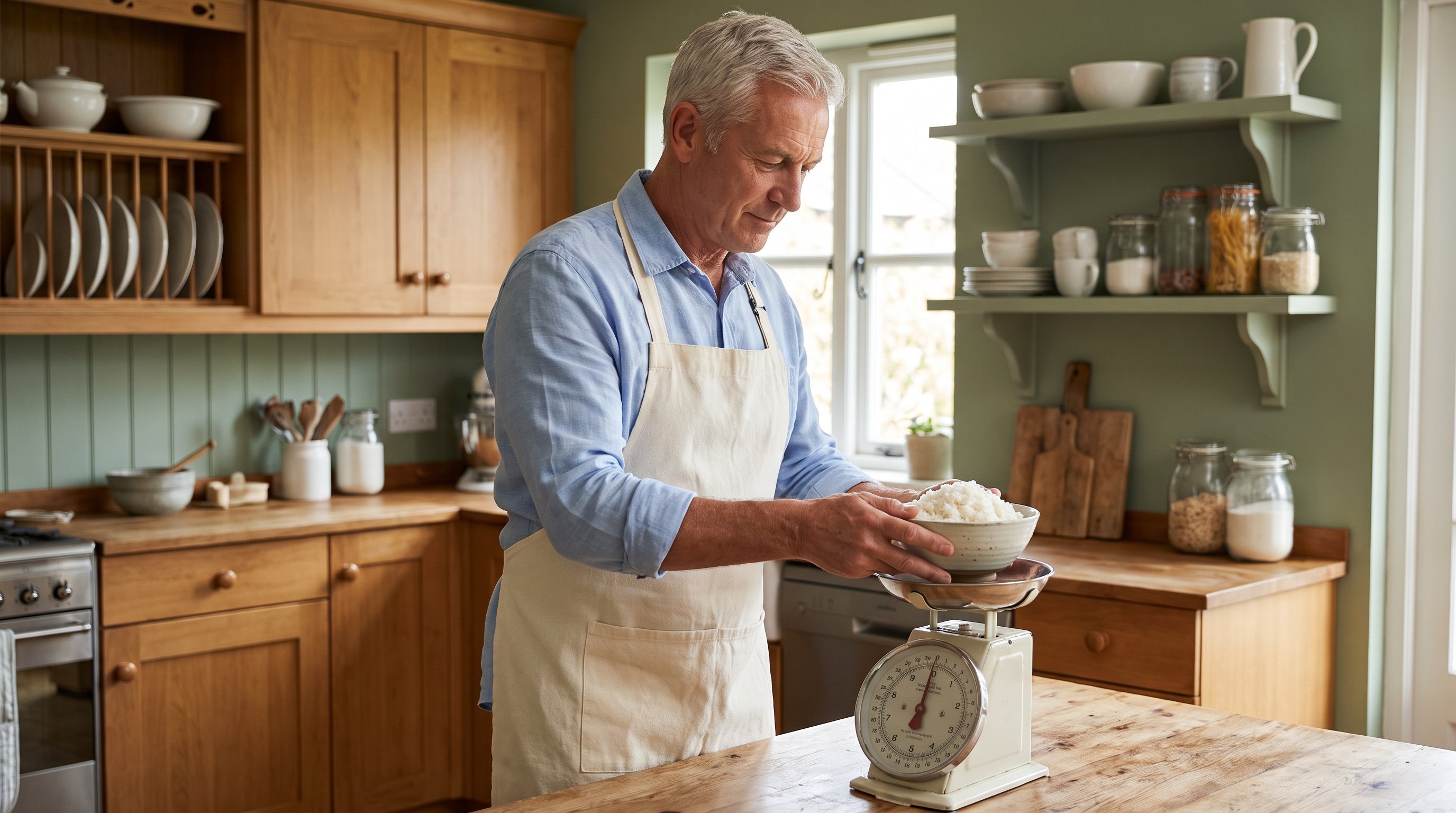 older man measuring rice with his hand in a kitchen