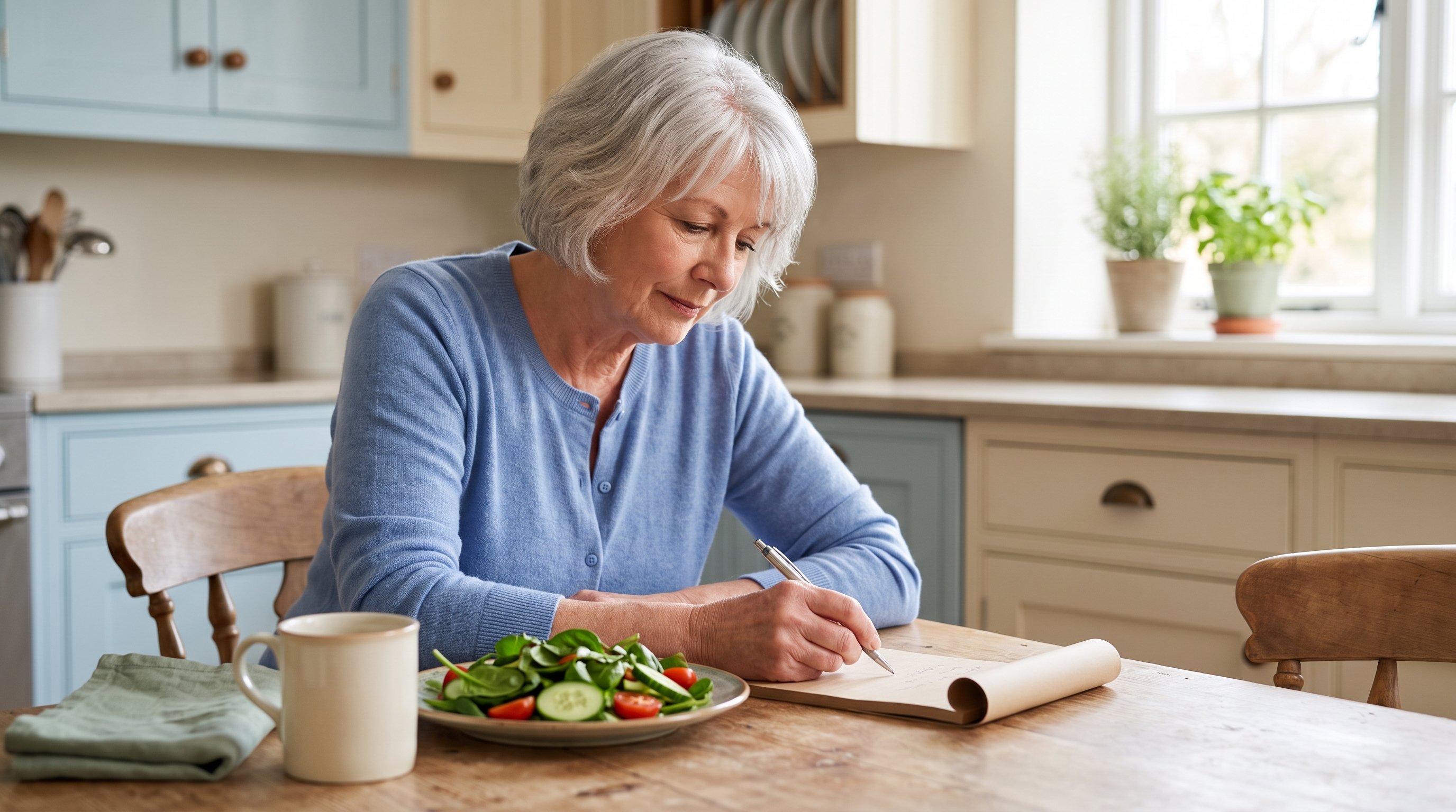 older woman writing in a food journal at kitchen table