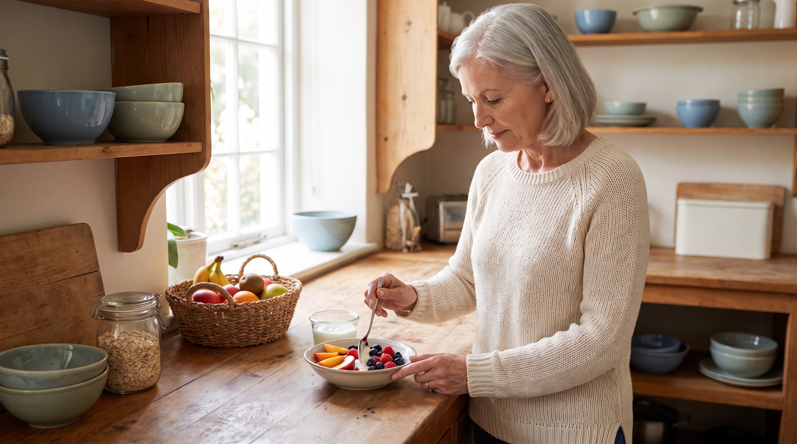 A woman in her 60s with silver hair cooking a fruit and yogurt breakfast in a cozy home kitchen