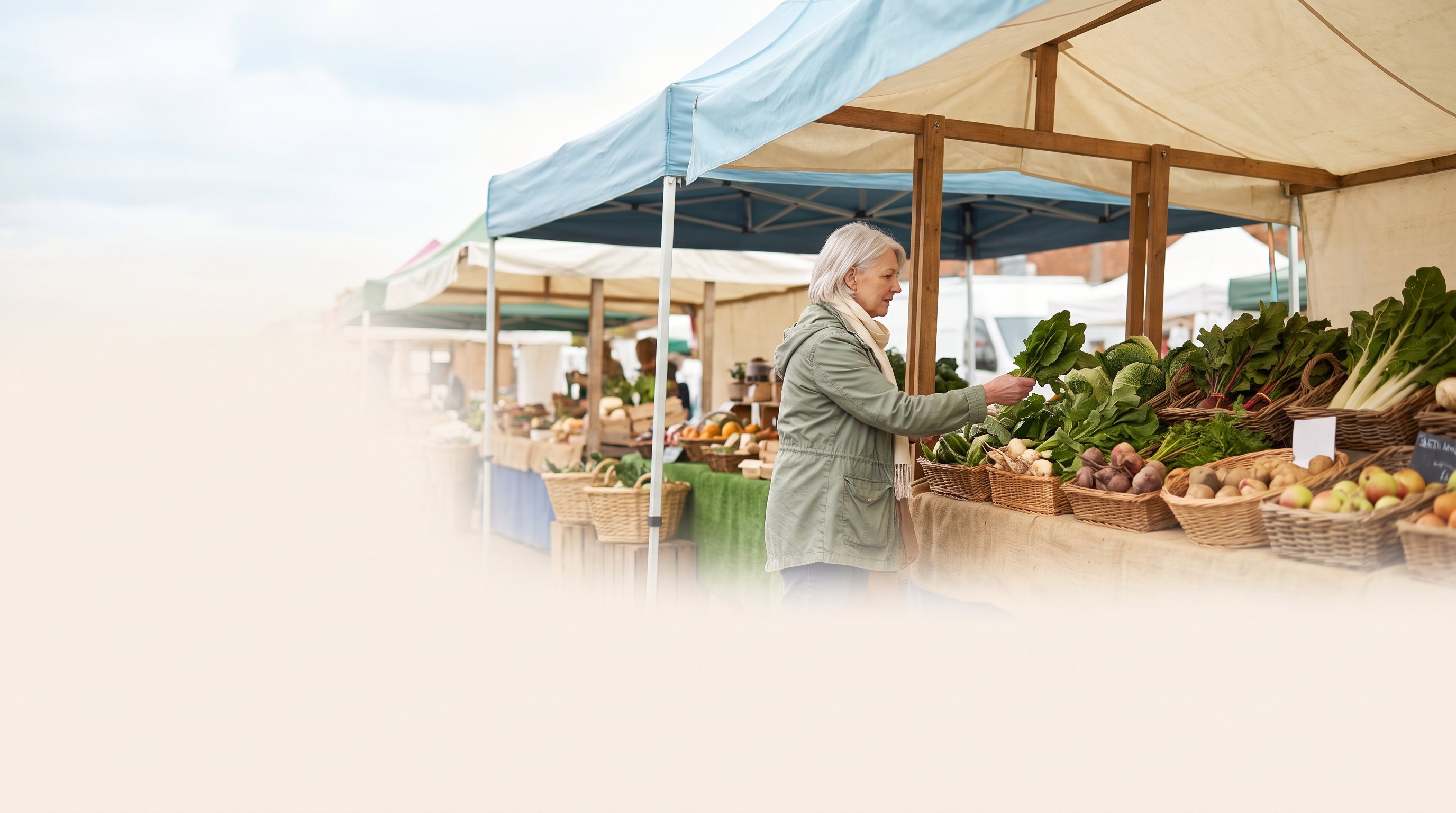 A woman in her 60s with silver hair shopping for fresh produce at a market stall
