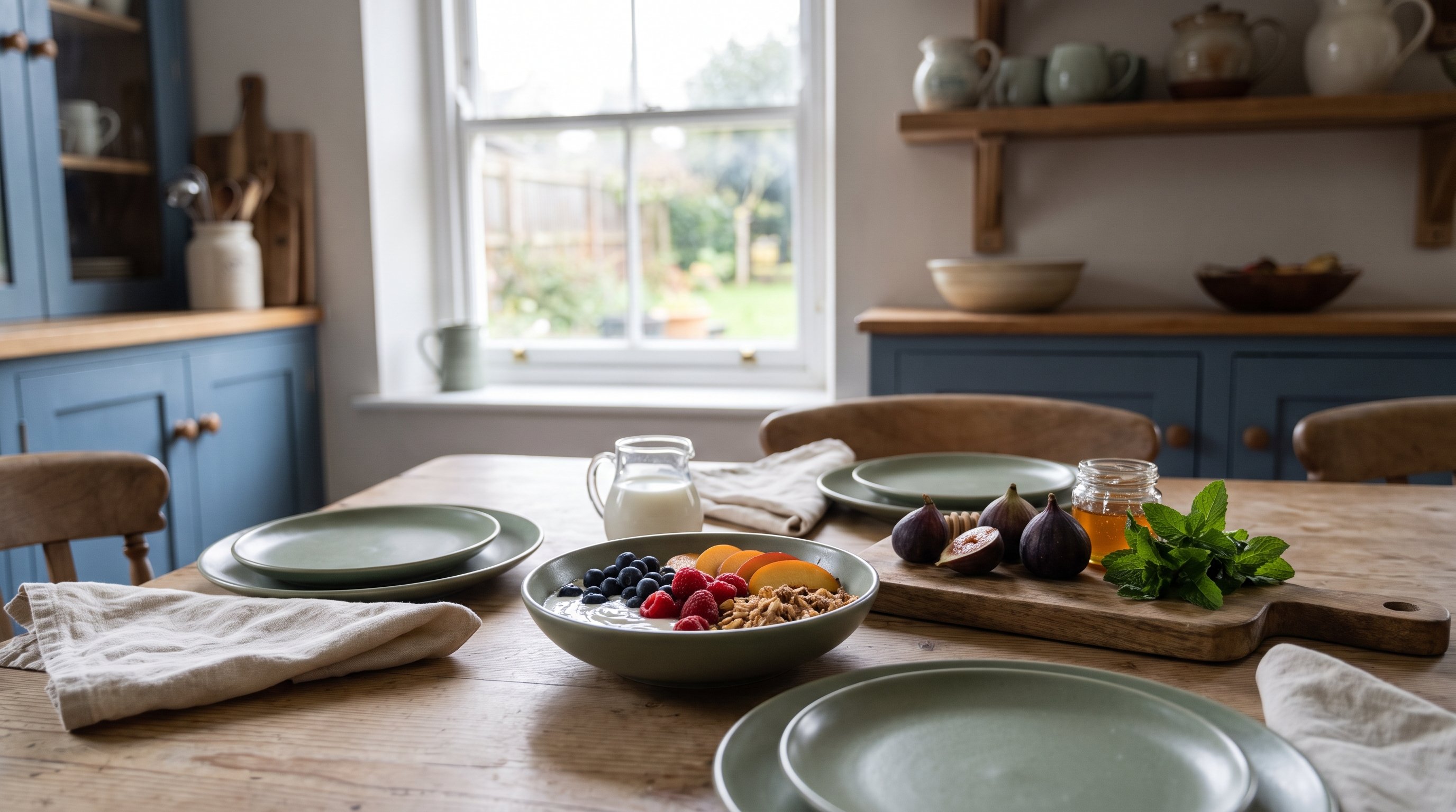 A fruit and yogurt breakfast beside fresh ingredients on a calm dining table