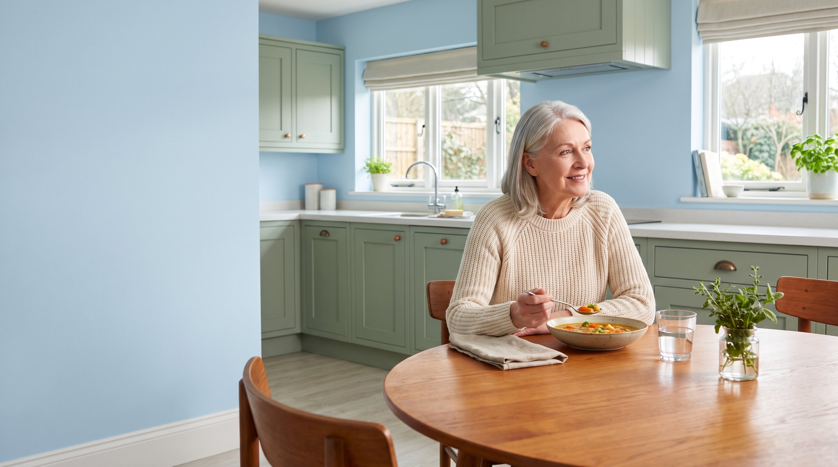 A woman in her 60s with silver hair enjoying a fresh vegetable soup at a calm dining table