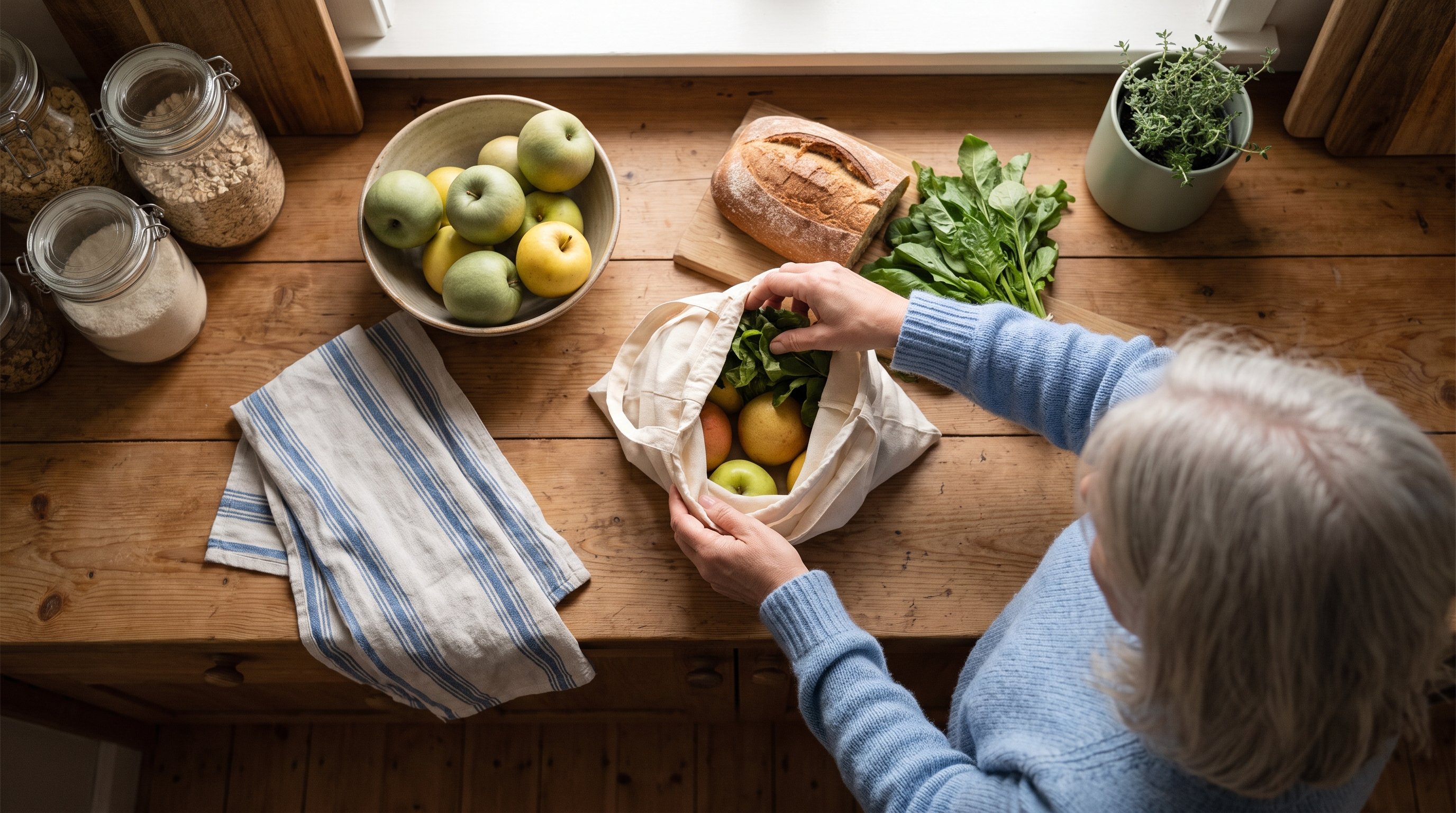 A woman in her 60s with silver hair putting groceries away in a cozy home kitchen