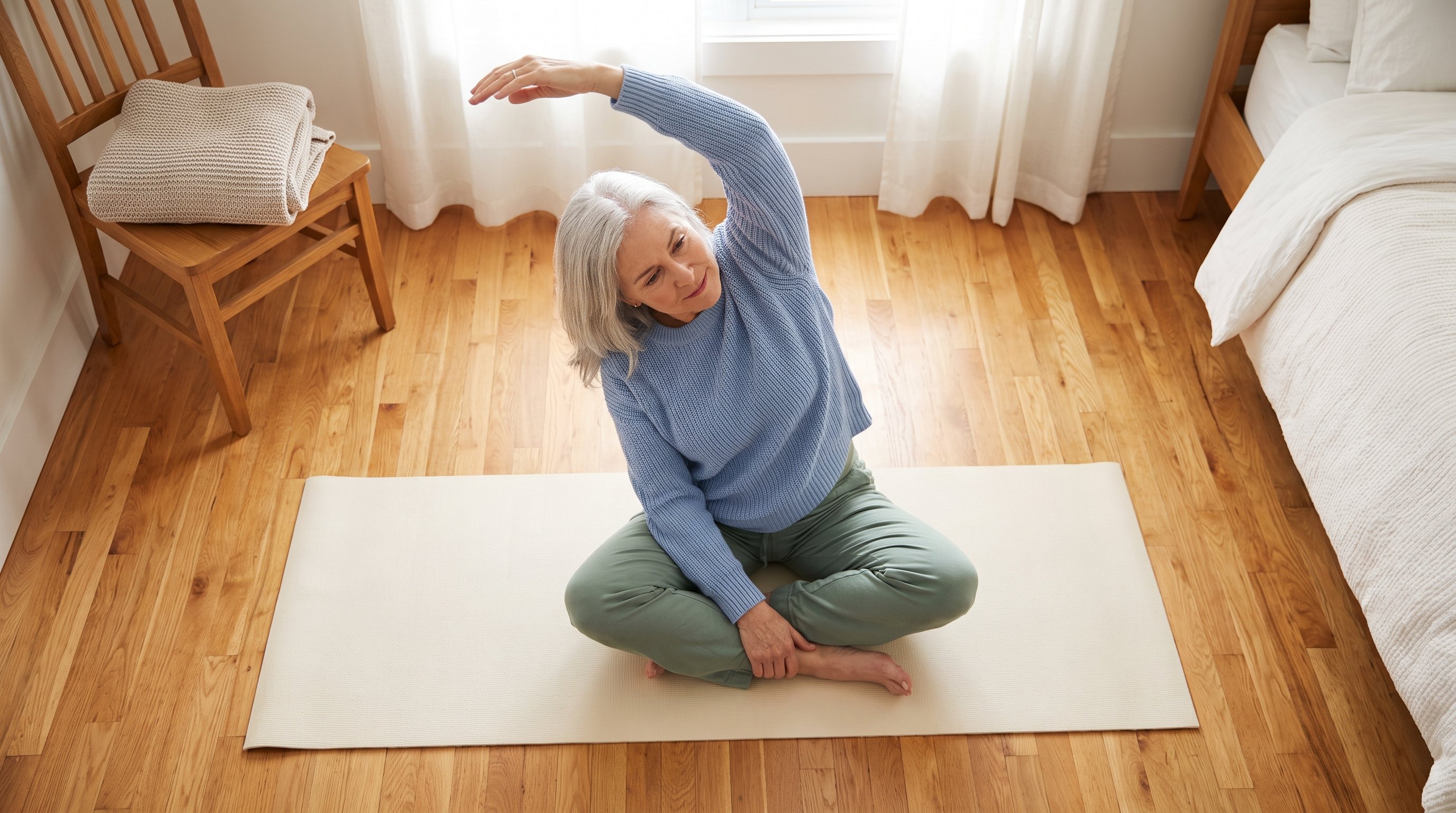 older woman doing gentle stretches on a yoga mat at home