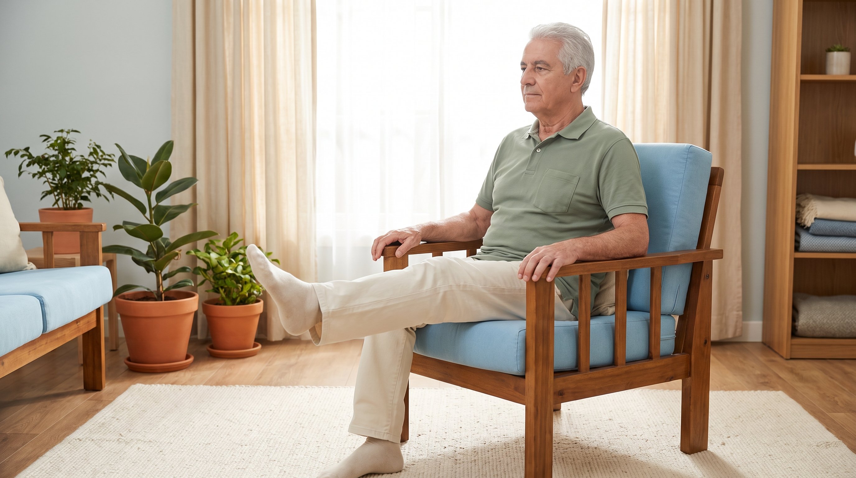 older adult doing a seated leg lift in a living room