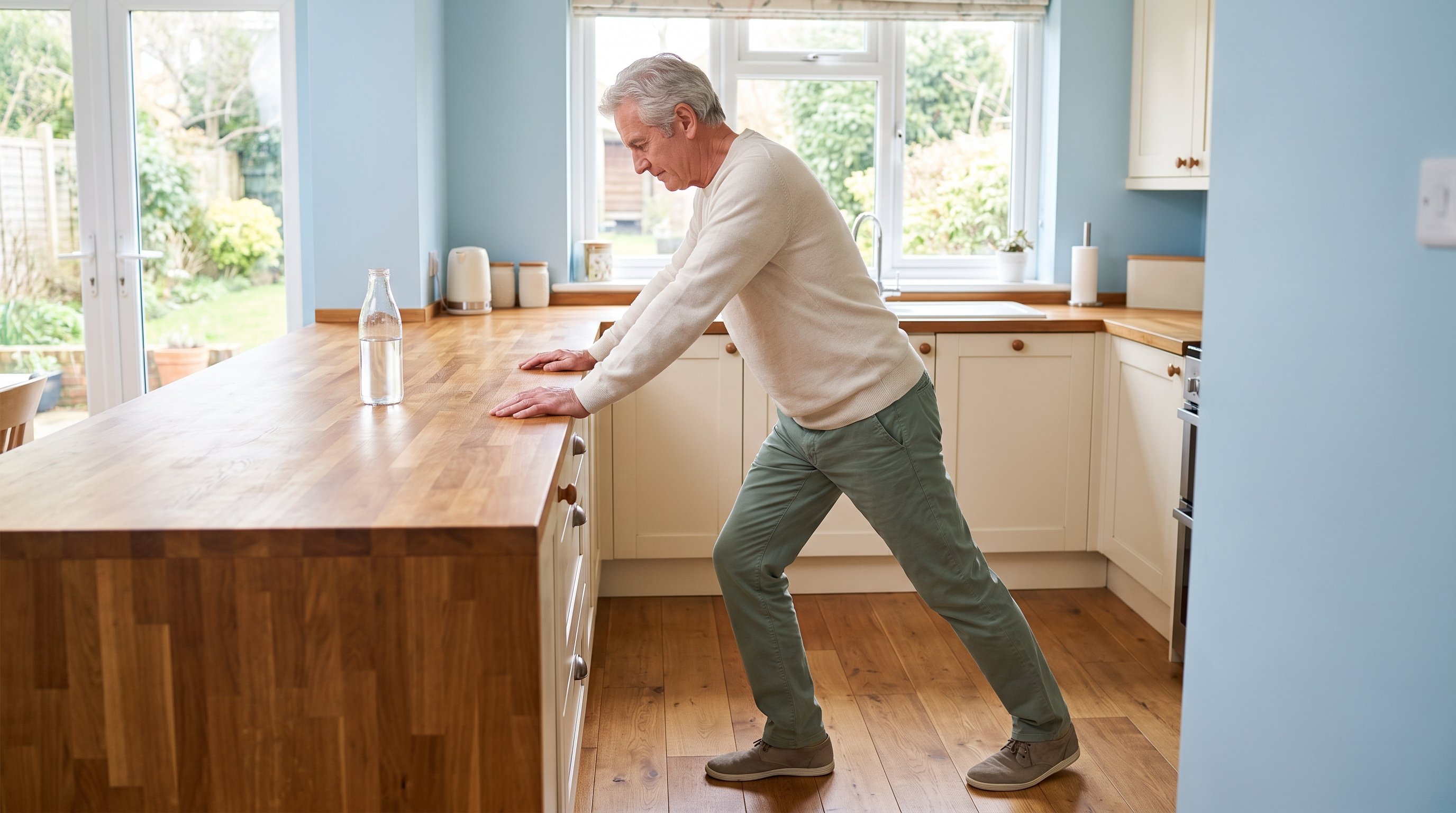 older man gently stretching his calf against a kitchen counter