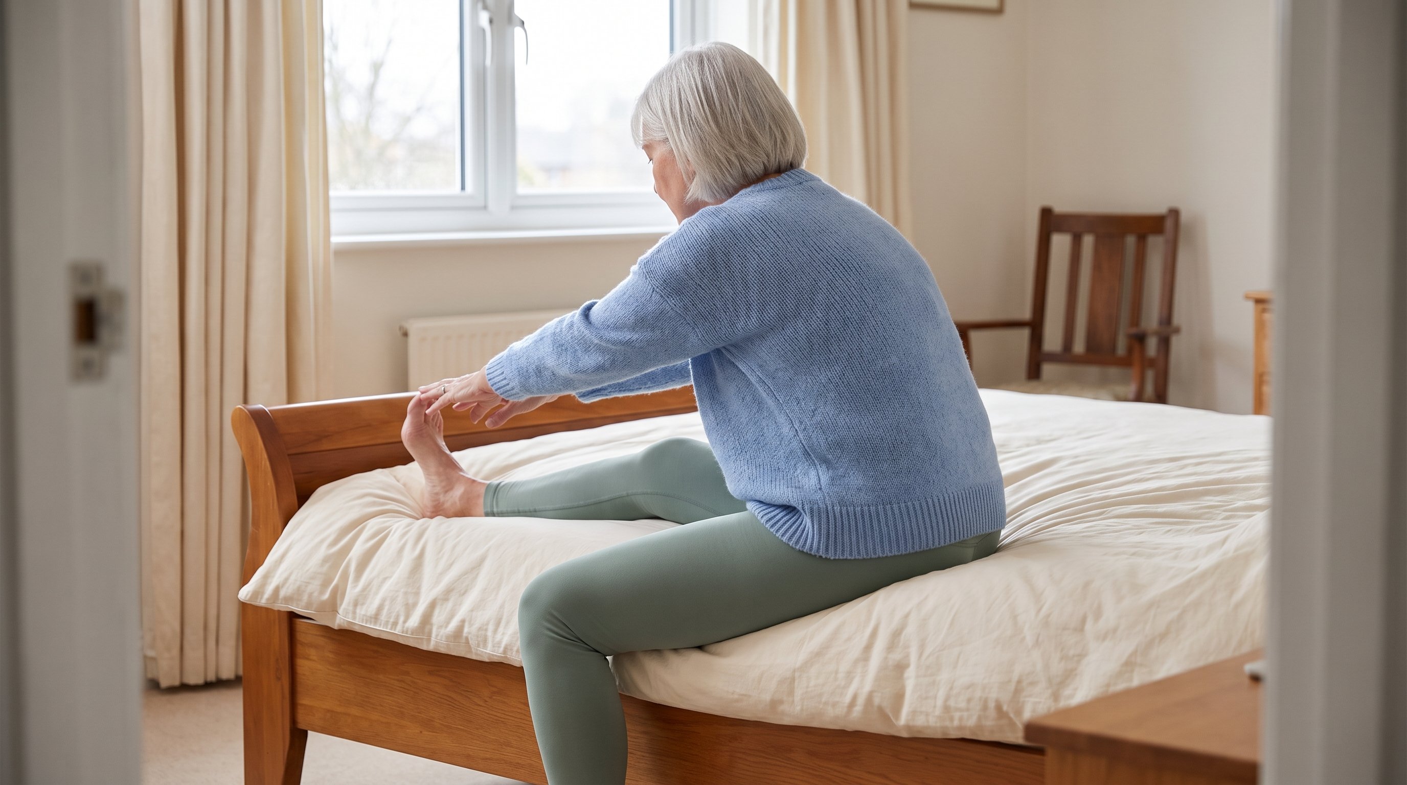 woman doing a seated hamstring stretch on the edge of a bed