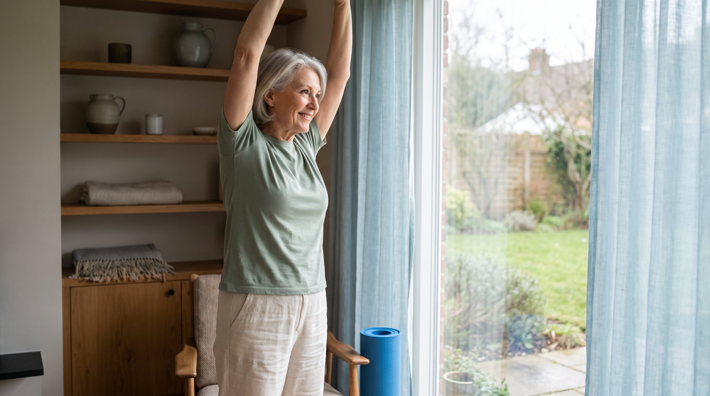 older adult stretching arms overhead by a sunny window