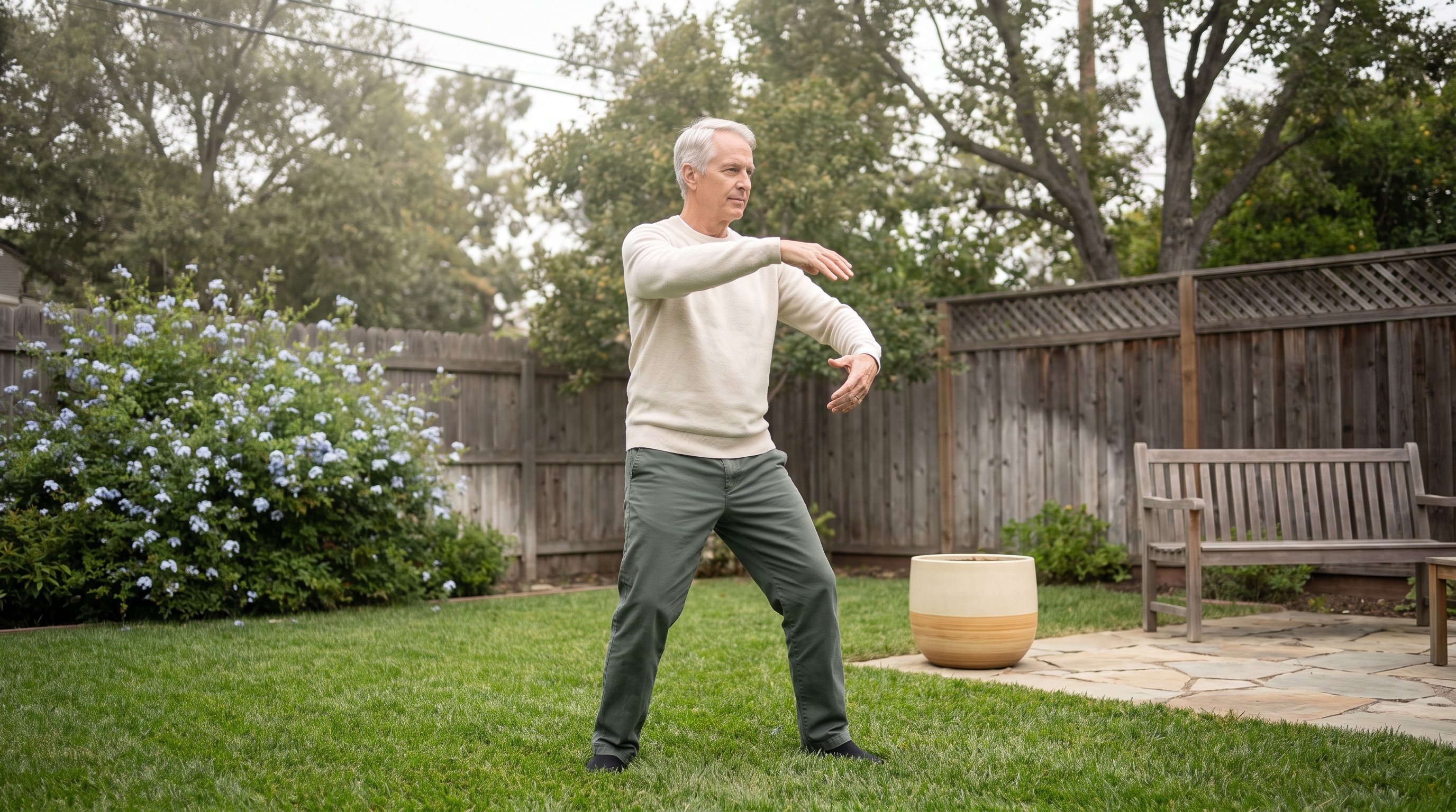 Older adult standing in a garden practicing slow qigong movements