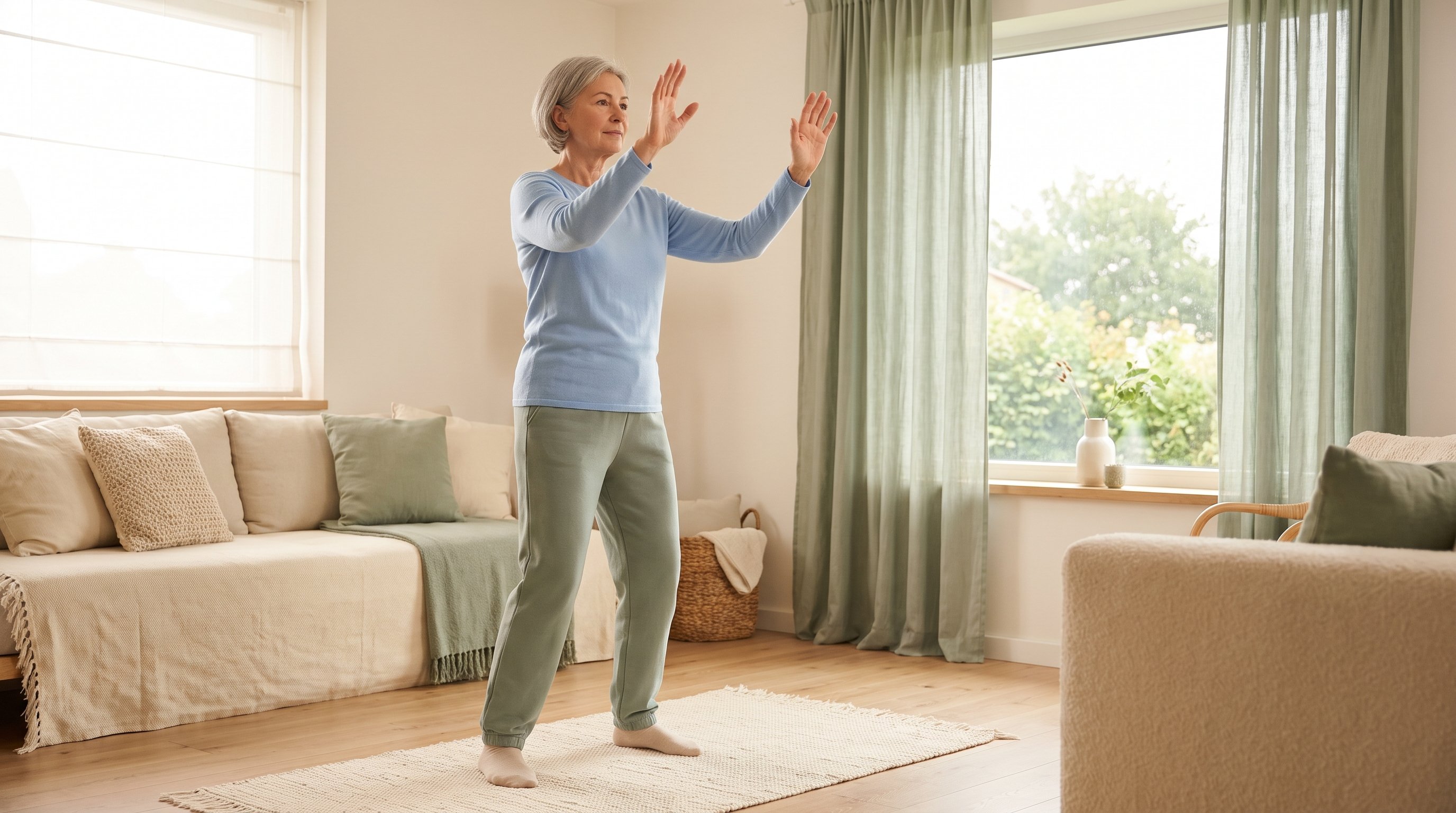 Older adult doing slow standing arm movements in a living room