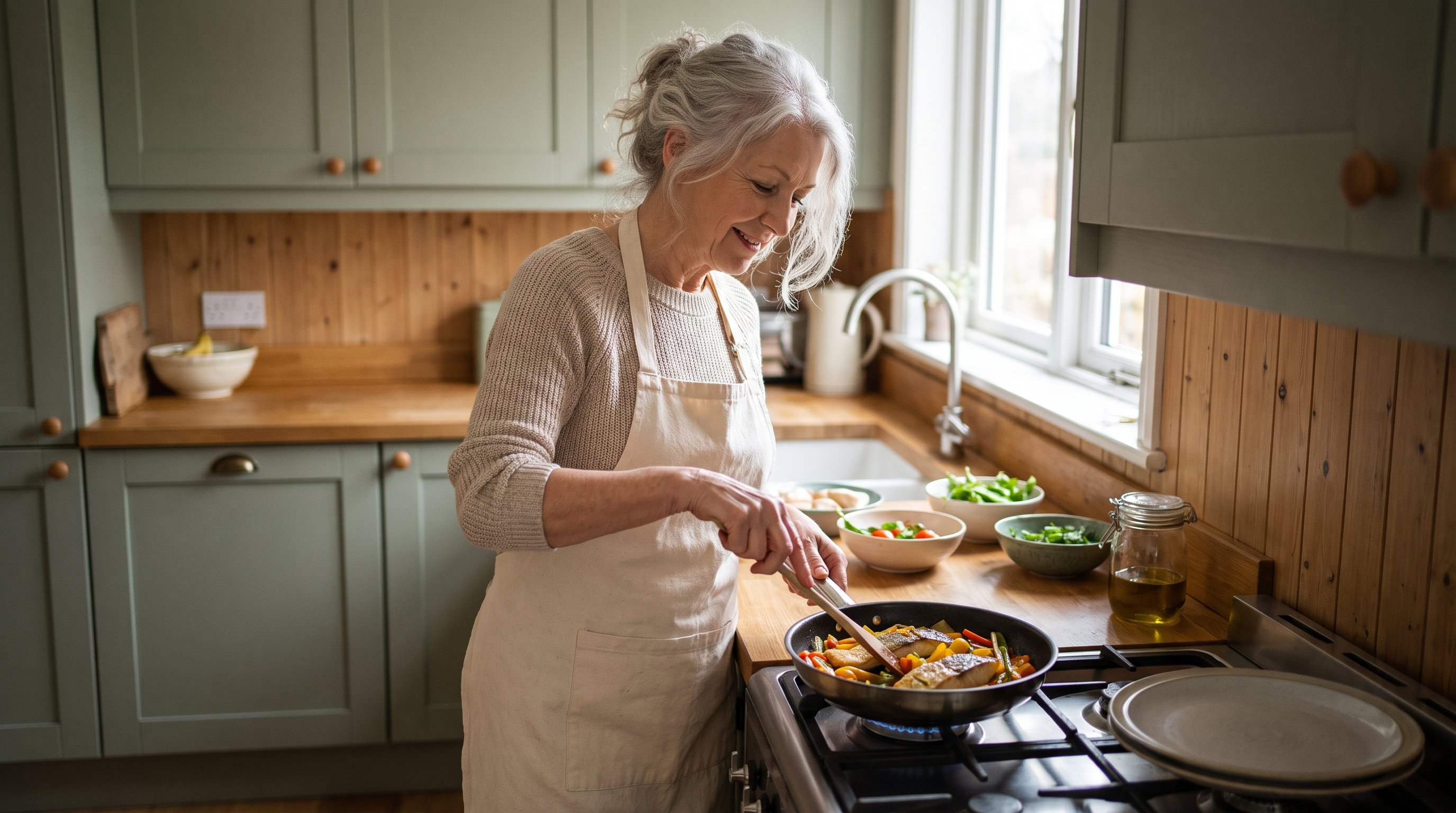 A woman in her 60s with silver hair smiling while cooking a balanced plate of fish and vegetables in a cozy home kitchen