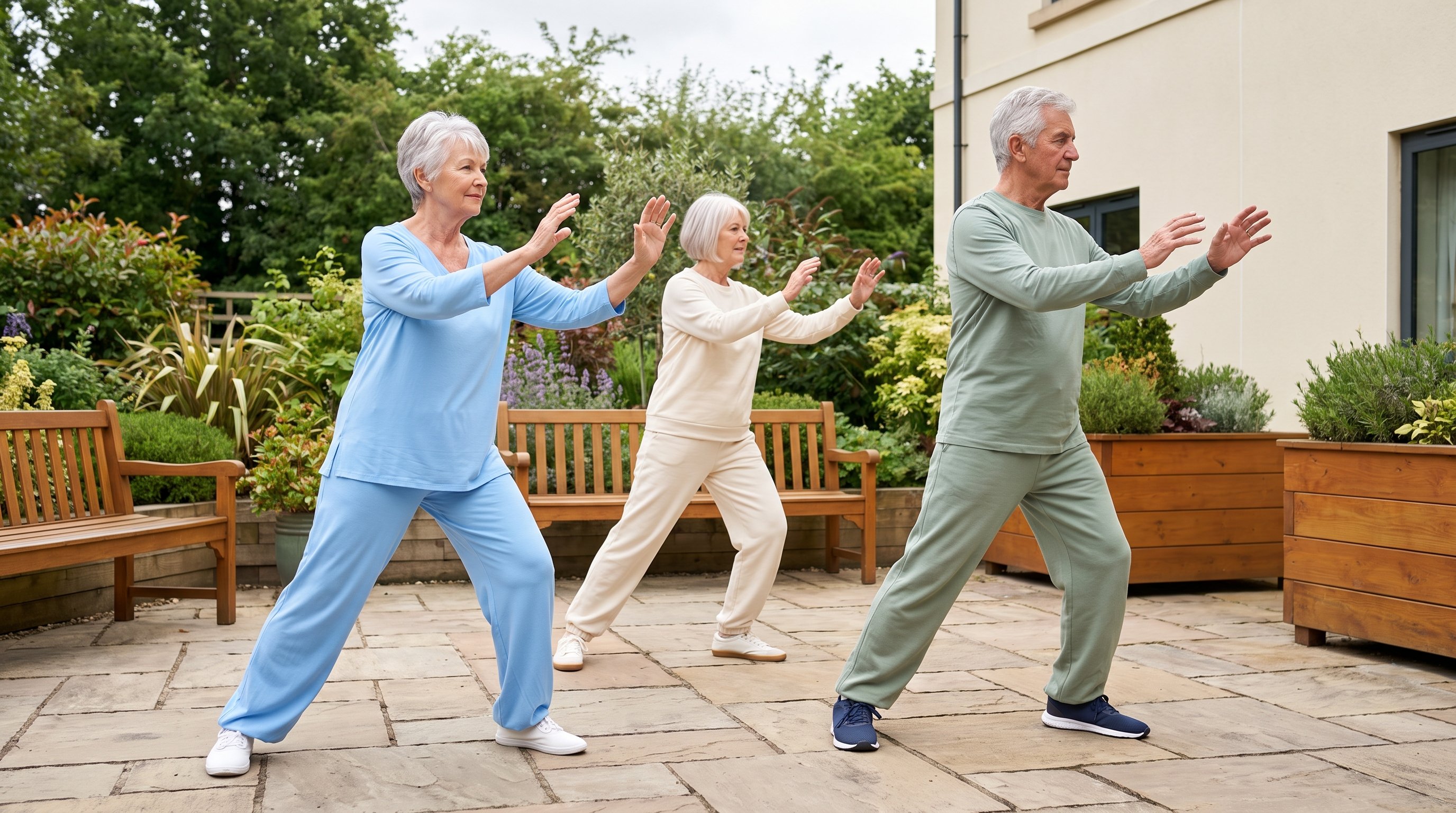 small group of older adults practising slow tai chi movements outdoors