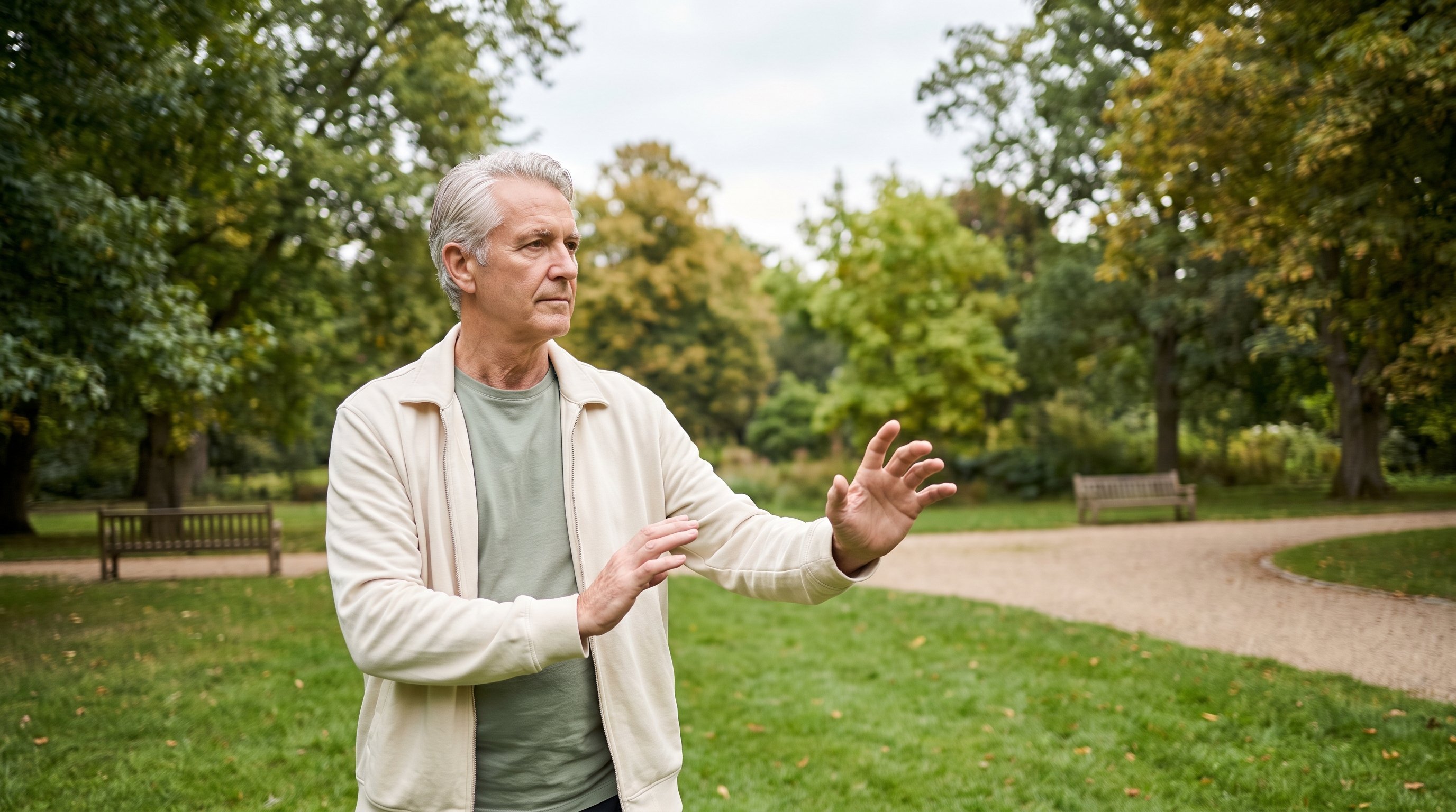 older adult practising tai chi in a quiet park