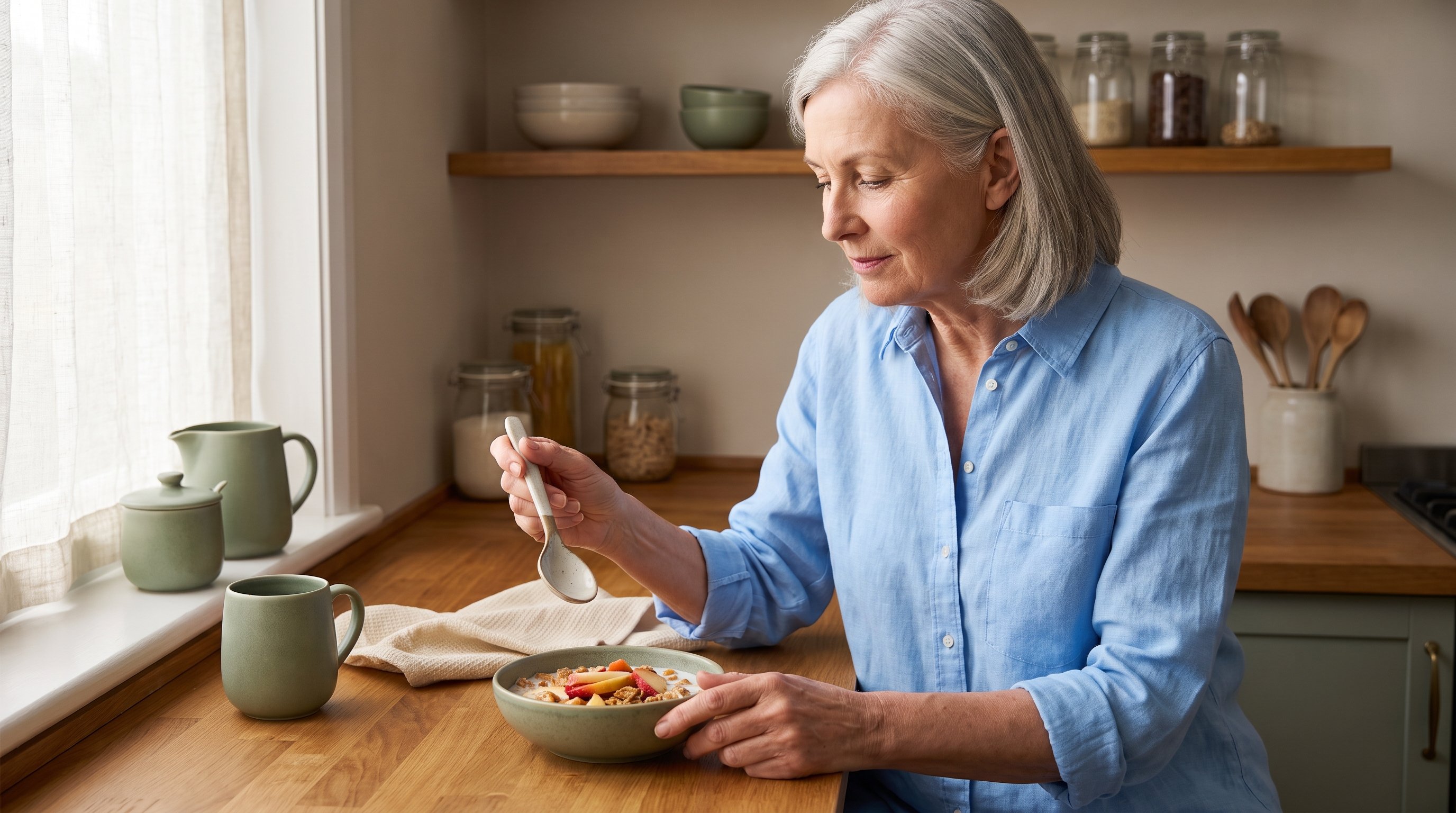 older woman pouring fortified milk over cereal in kitchen