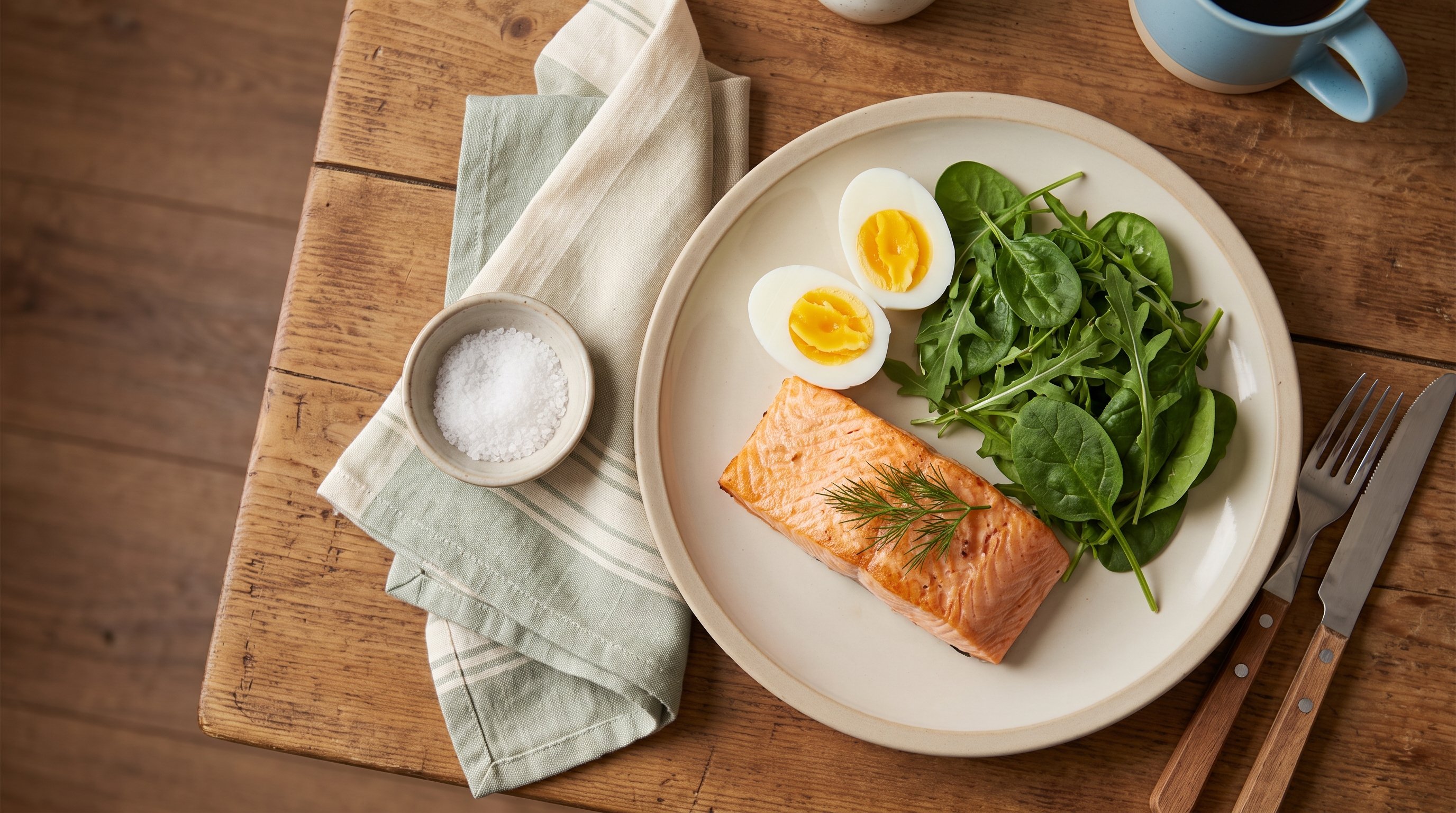 salmon fillet and eggs on wooden table