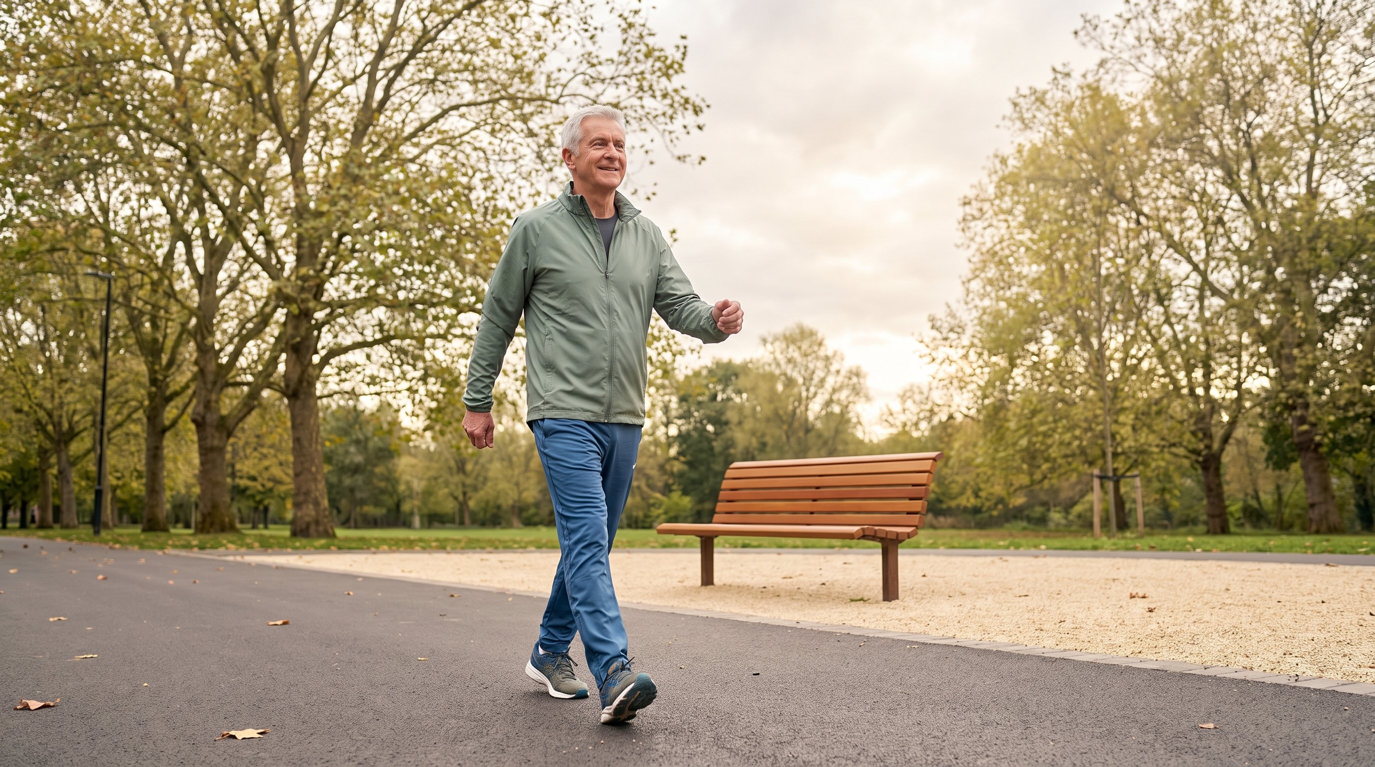 older adult walking briskly on a tree-lined path
