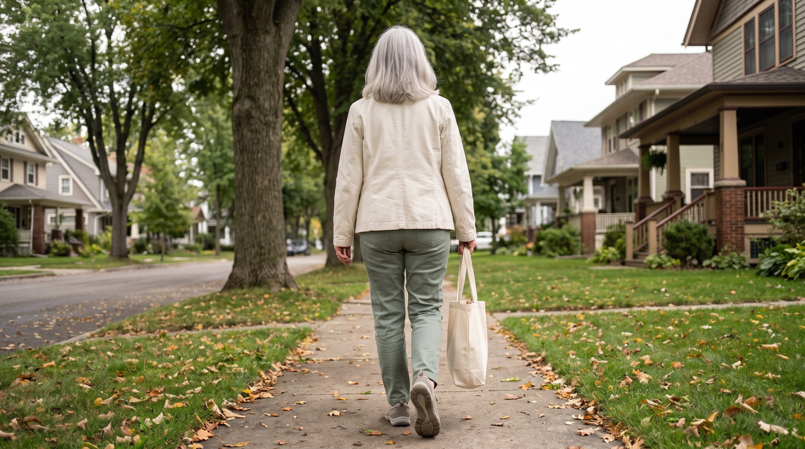 woman walking briskly while talking on a phone call in a park
