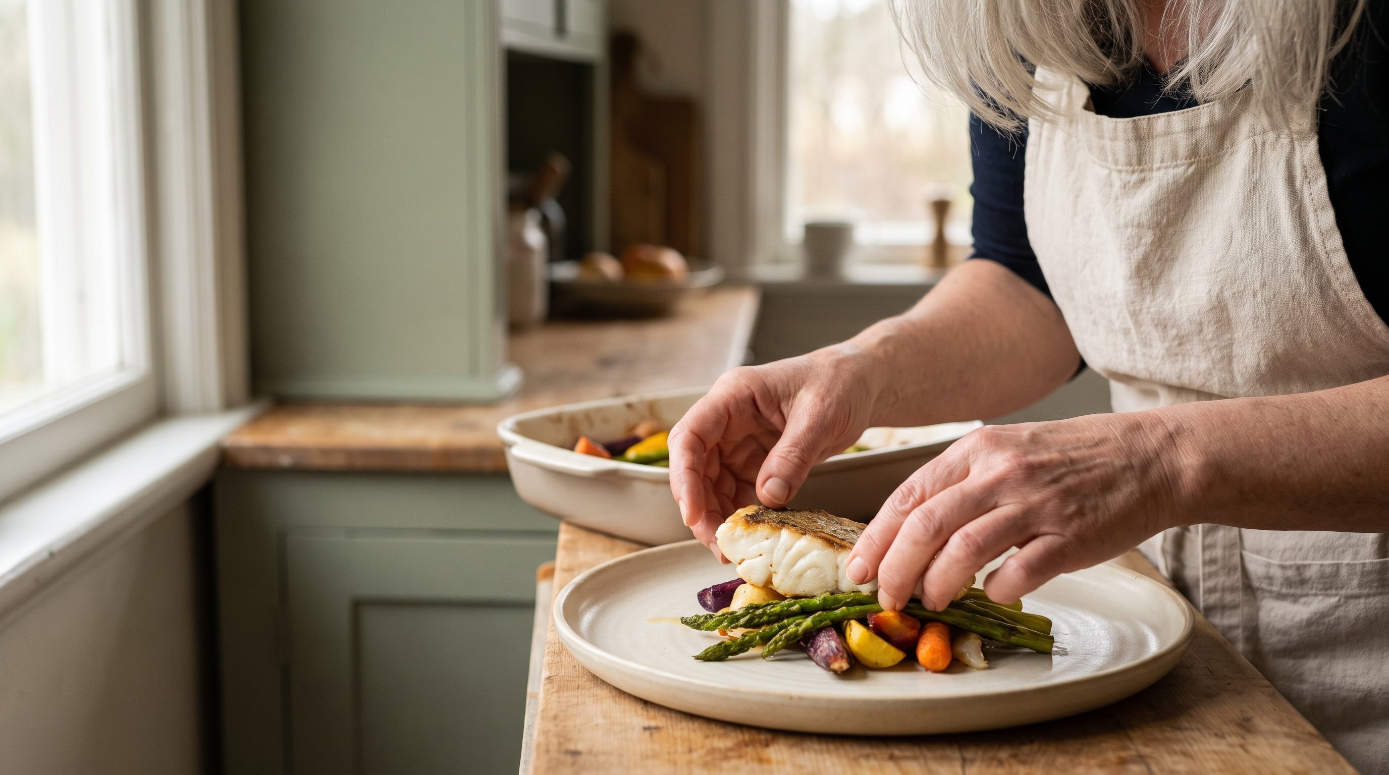 A woman in her 60s with silver hair plating a balanced plate of fish and vegetables in a cozy home kitchen