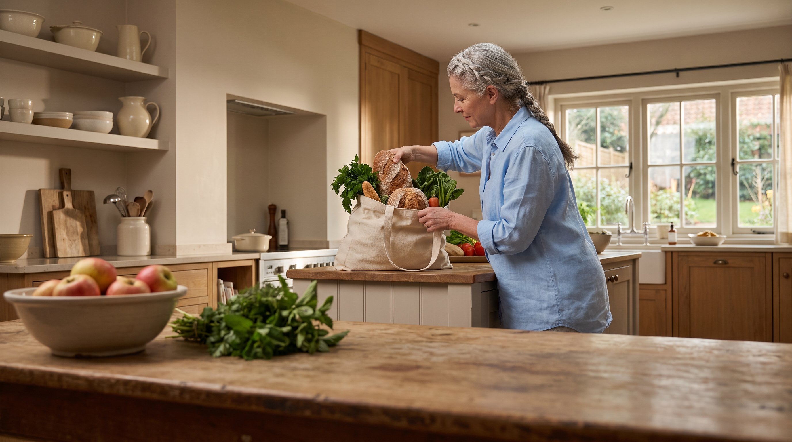 A woman in her 60s with silver hair unpacking fresh groceries in a cozy home kitchen