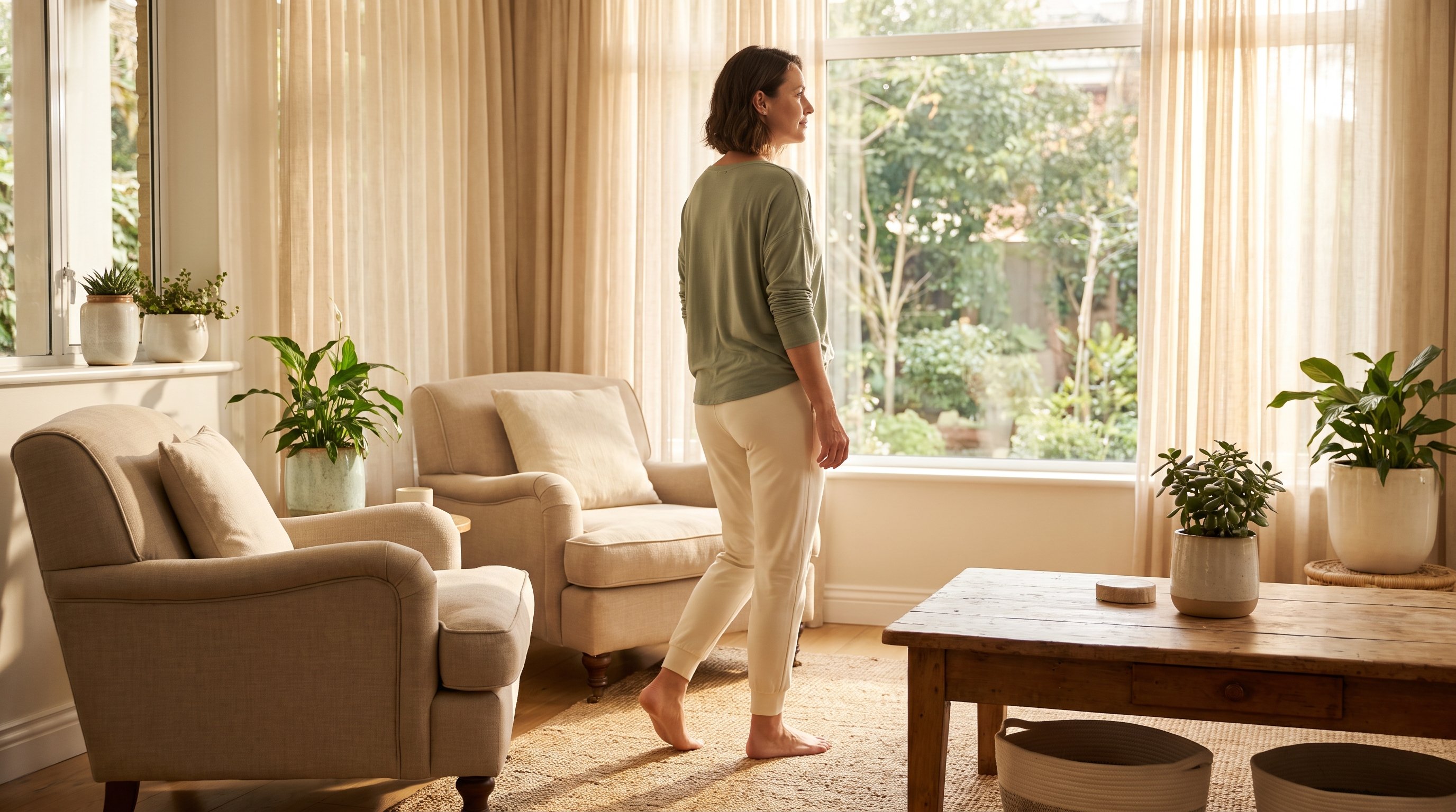 a woman in her 40s doing an indoor walking workout in a bright living room
