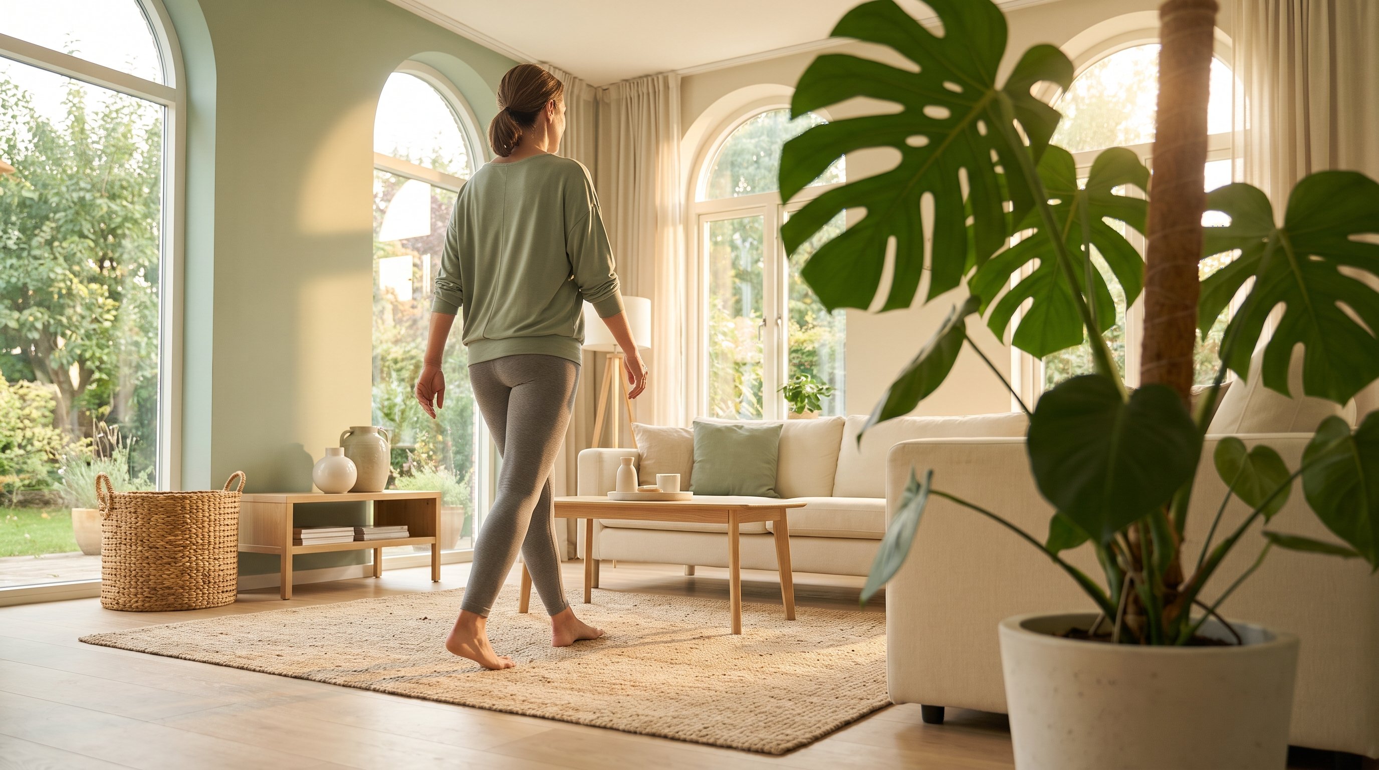 person doing a walking yoga session at home