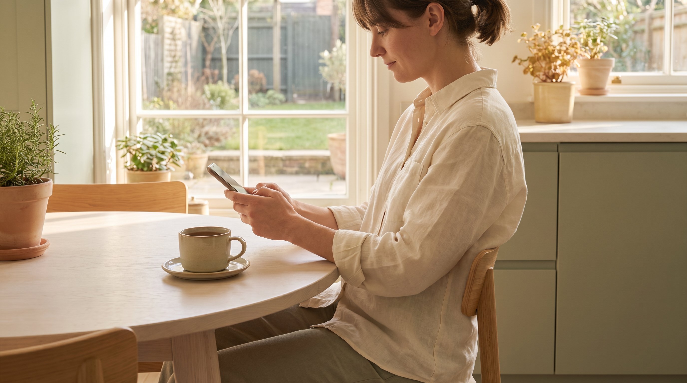person checking subscription settings on a phone at a kitchen table