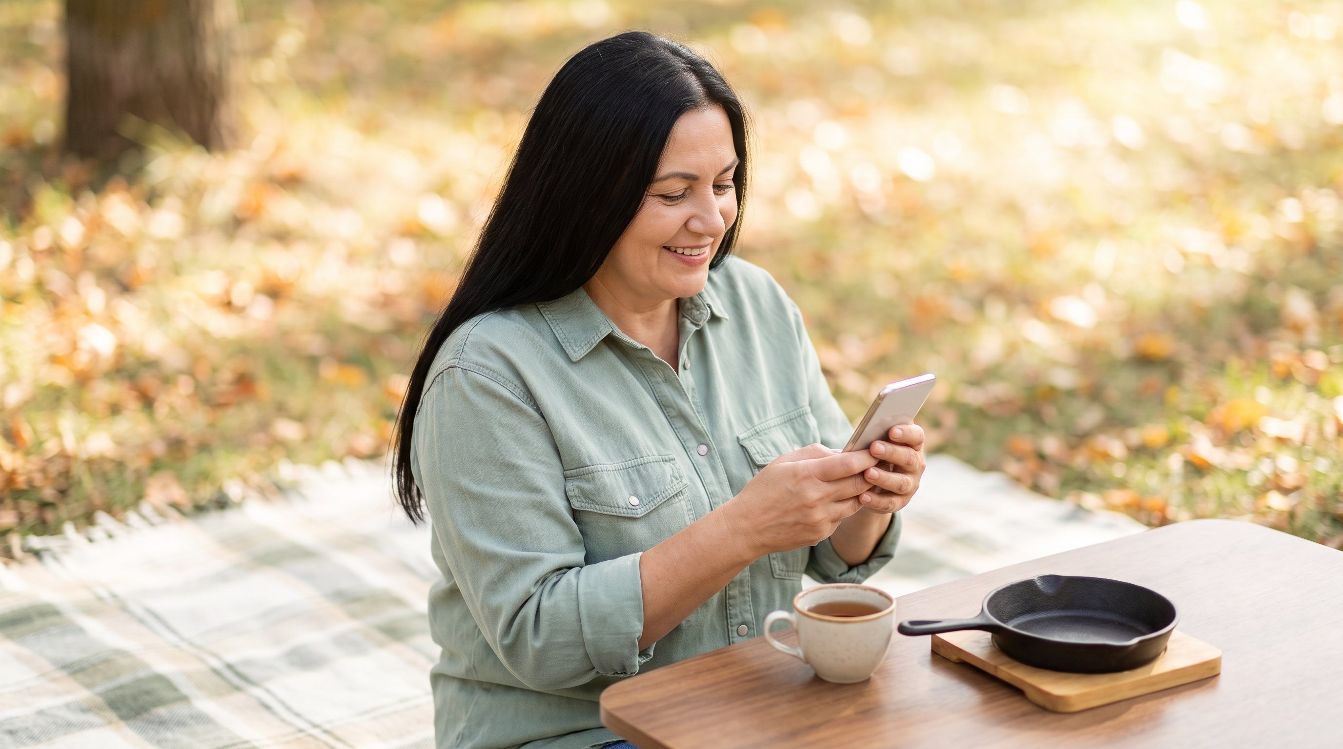 person checking subscription settings on a phone at a kitchen table