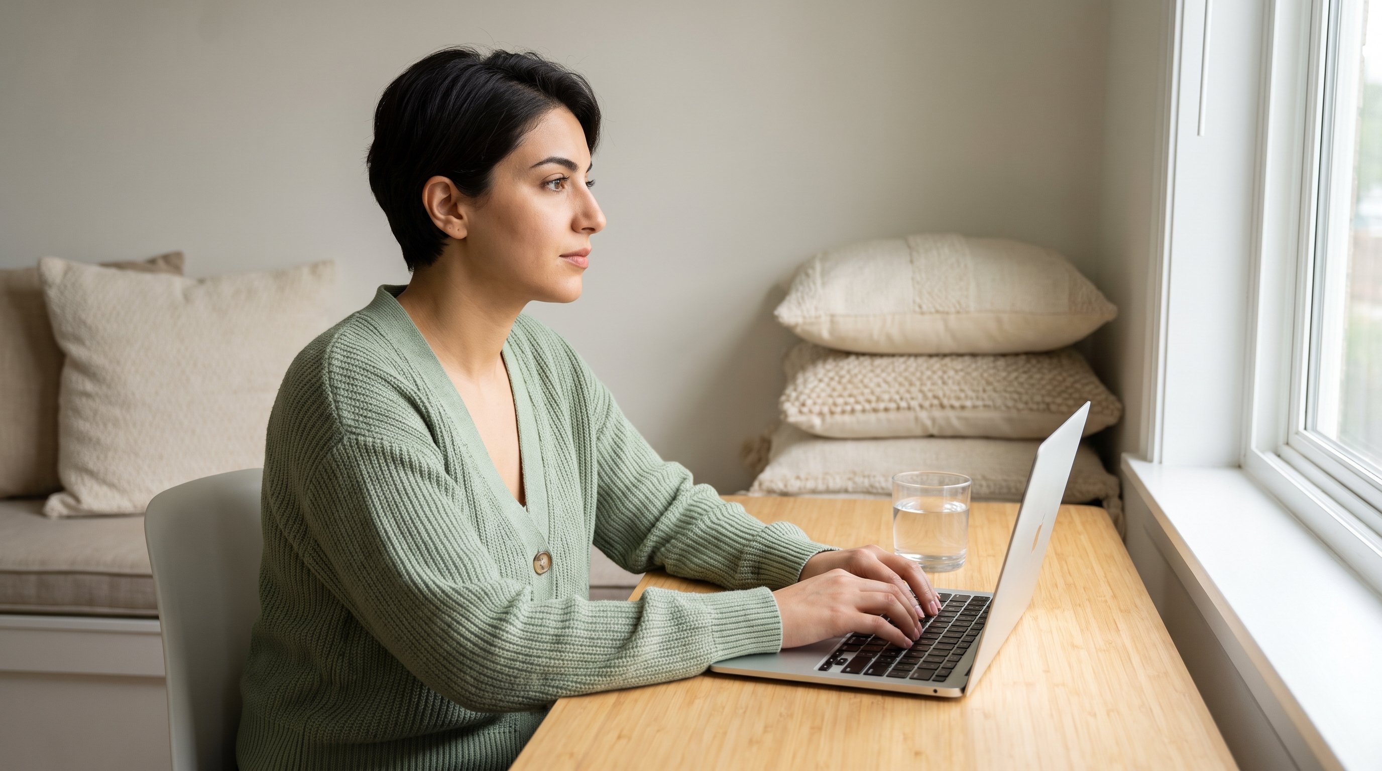 person writing a support email on a laptop at home