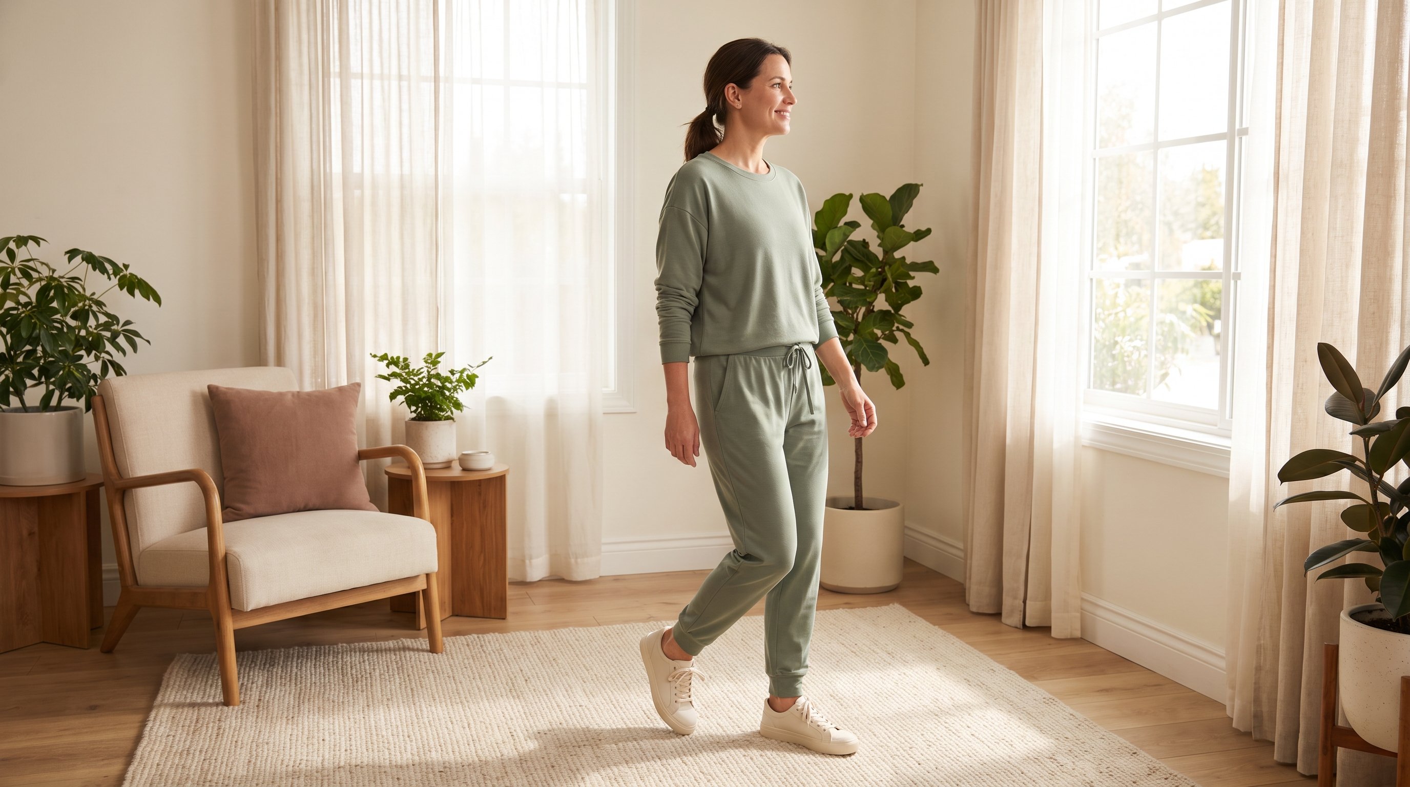 a woman in her 40s doing an indoor walking workout in a bright living room