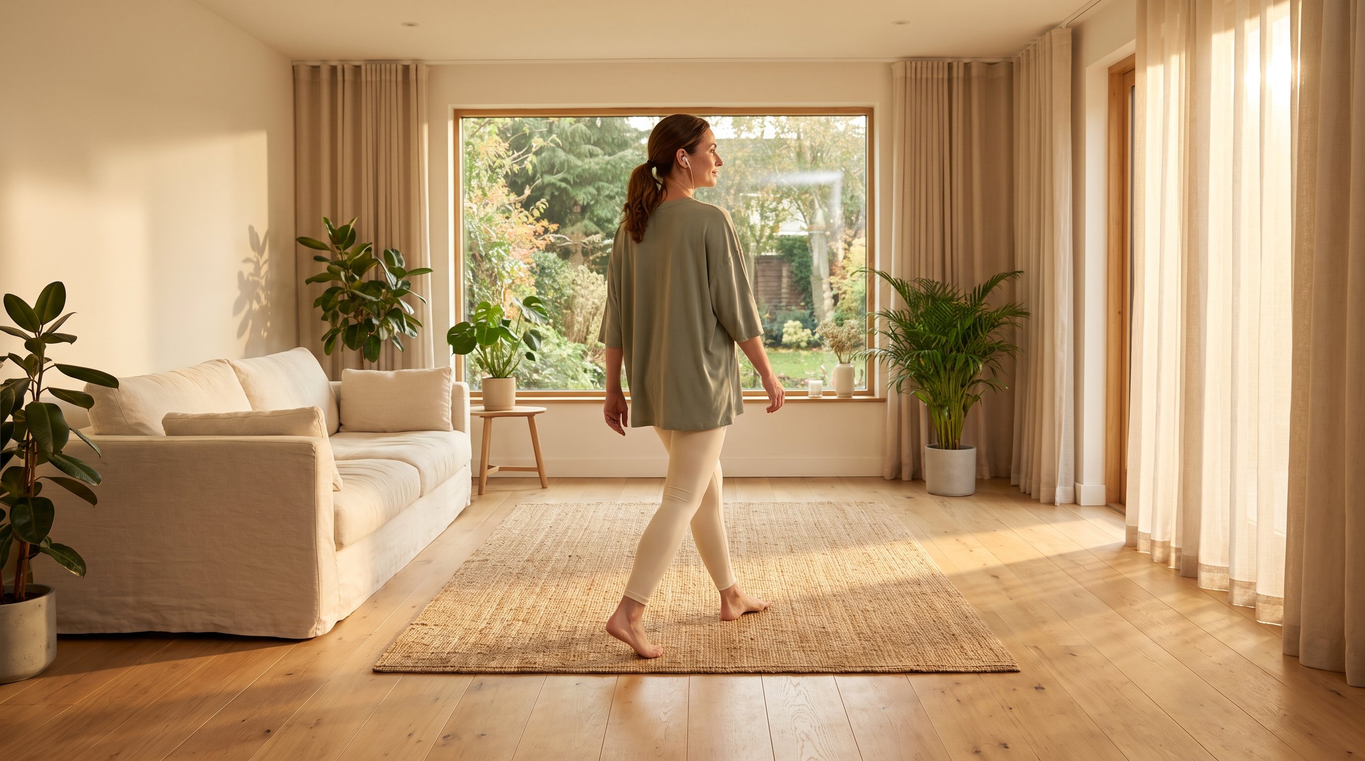 person doing a walking yoga session at home