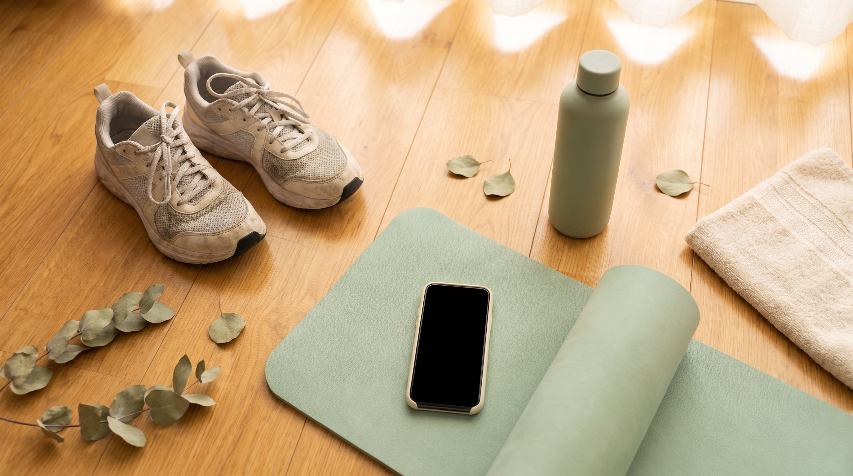 a woman in her 40s doing an indoor walking workout in a bright living room