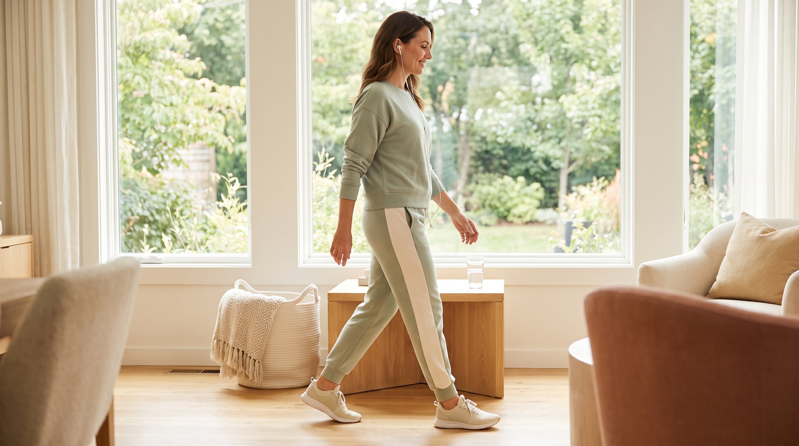 person doing a walking yoga session at home