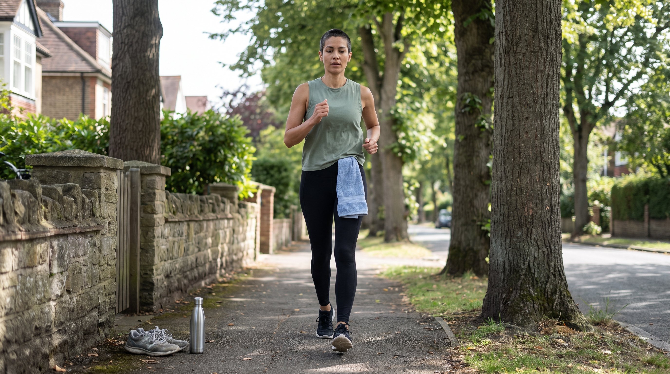 person walking briskly along a tree-lined path