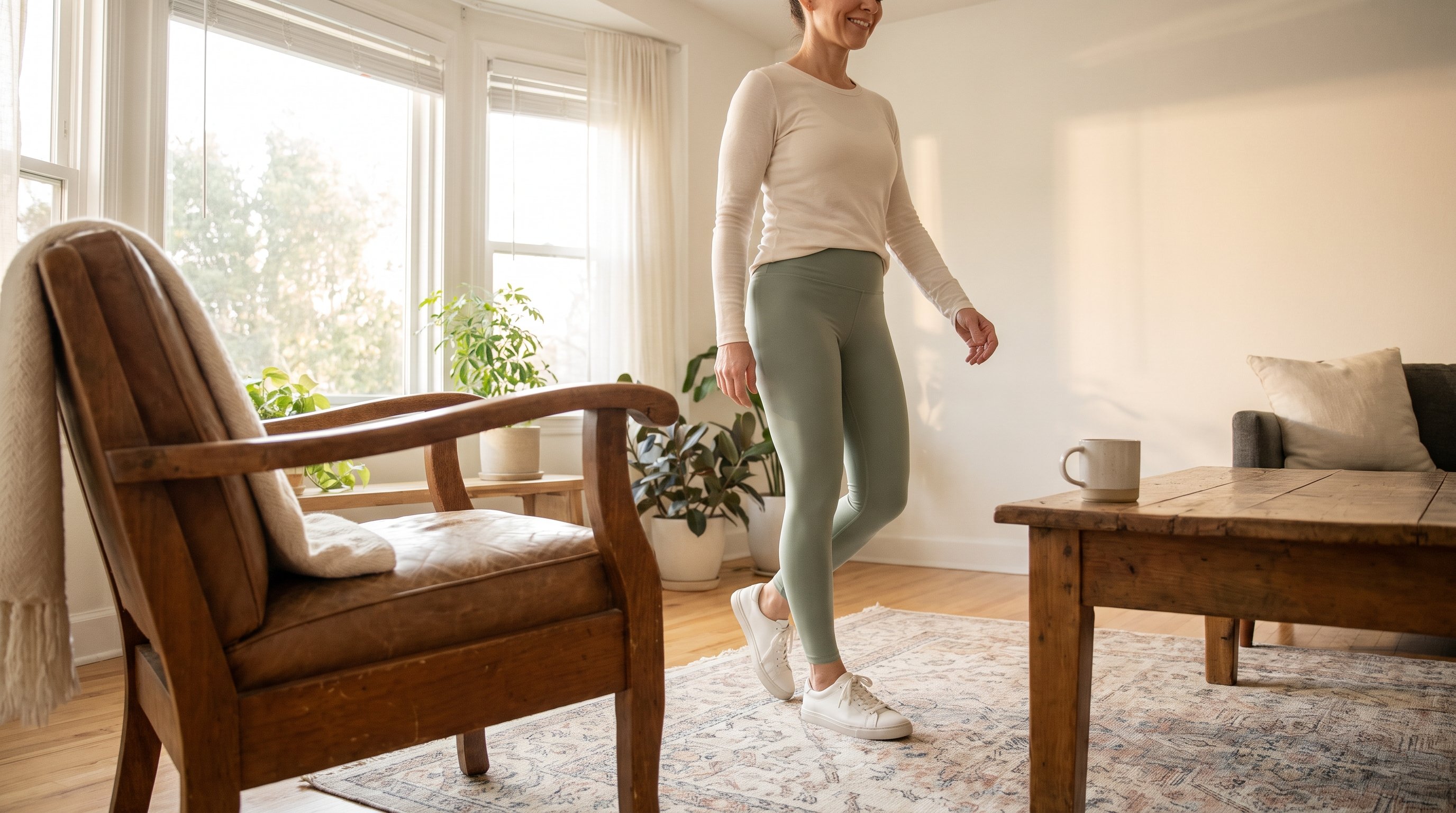 a woman in her 40s doing an indoor walking workout in a bright living room