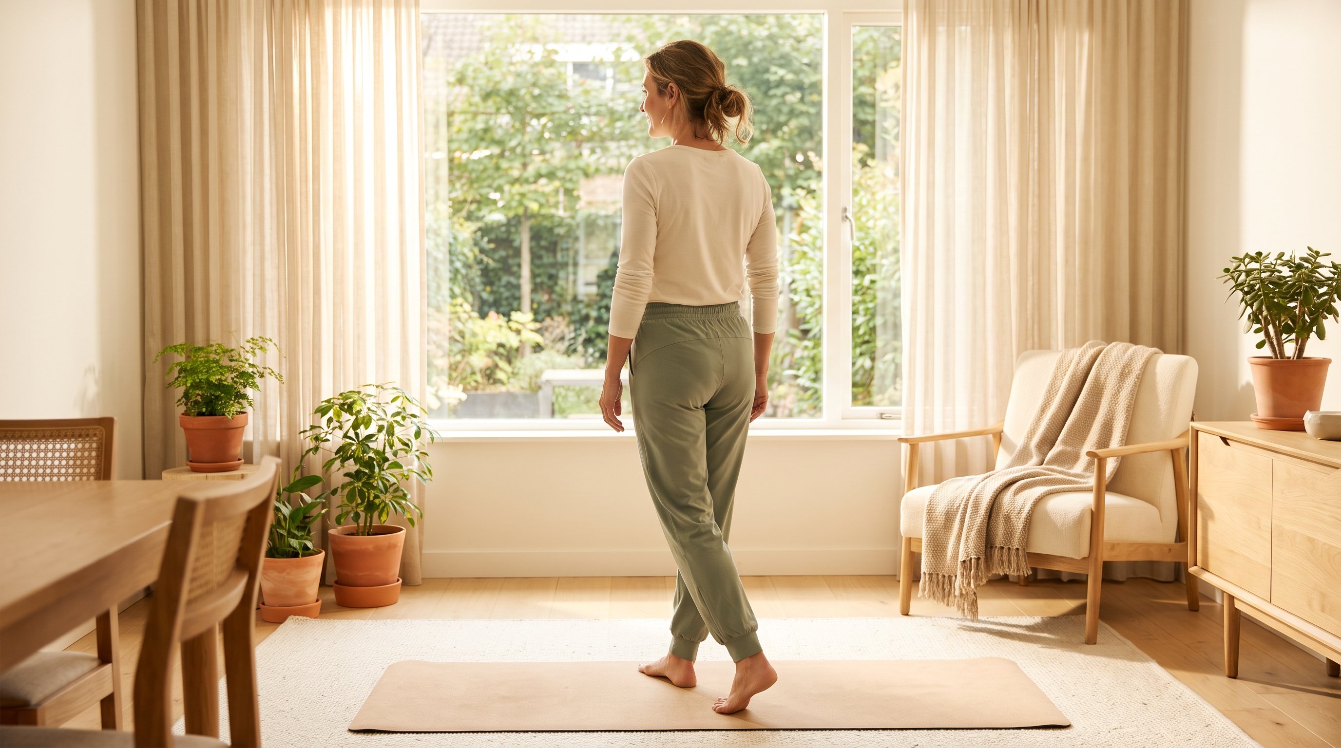 person doing a walking yoga session at home person doing a walking yoga session at home